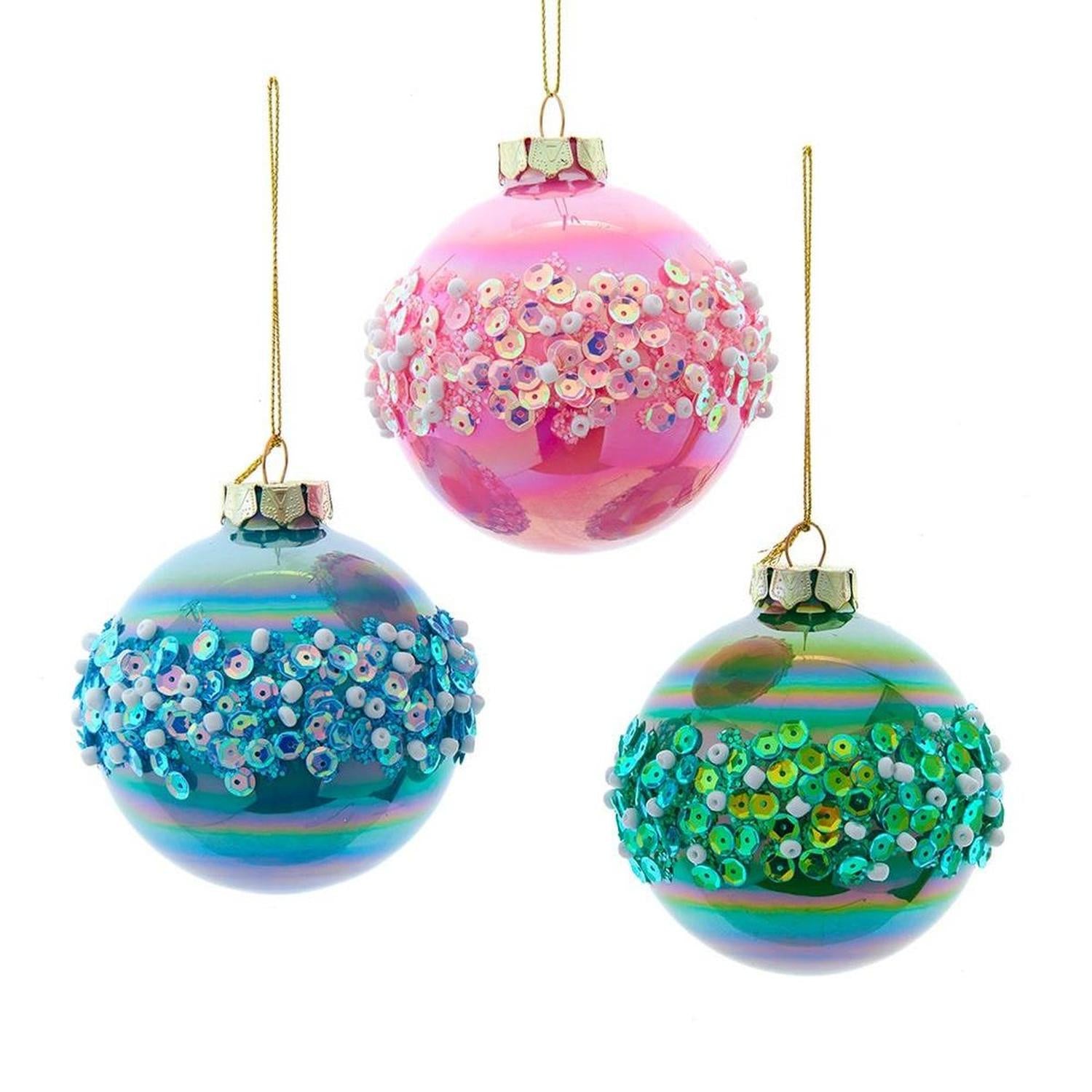 Kurt Adler 80MM Glass Pink, Blue and Green Glittered Ball Ornaments, 6-Piece Box
