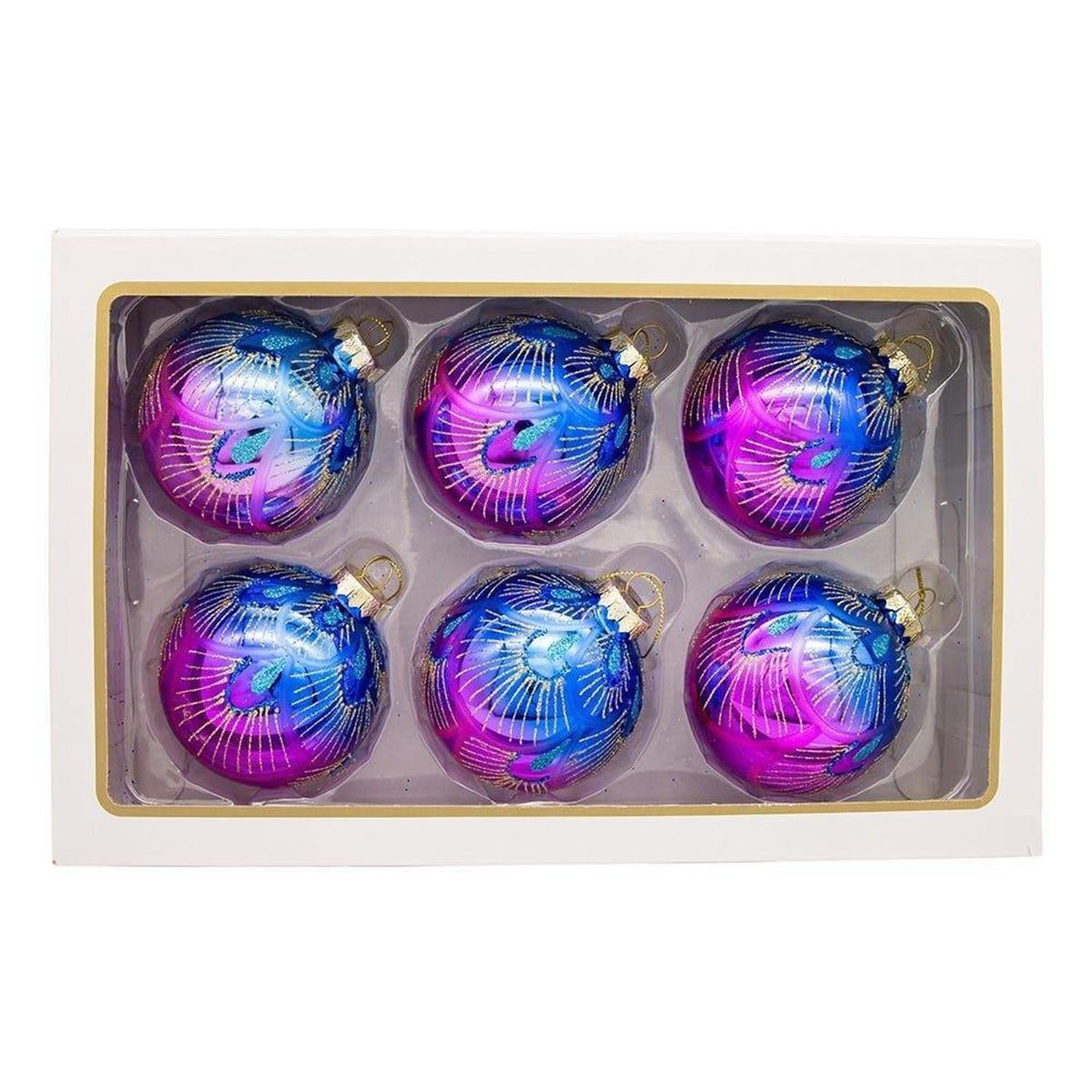 Kurt Adler 80MM Glass Purple and Blue Peacock Ball Ornaments, (Set of 6)
