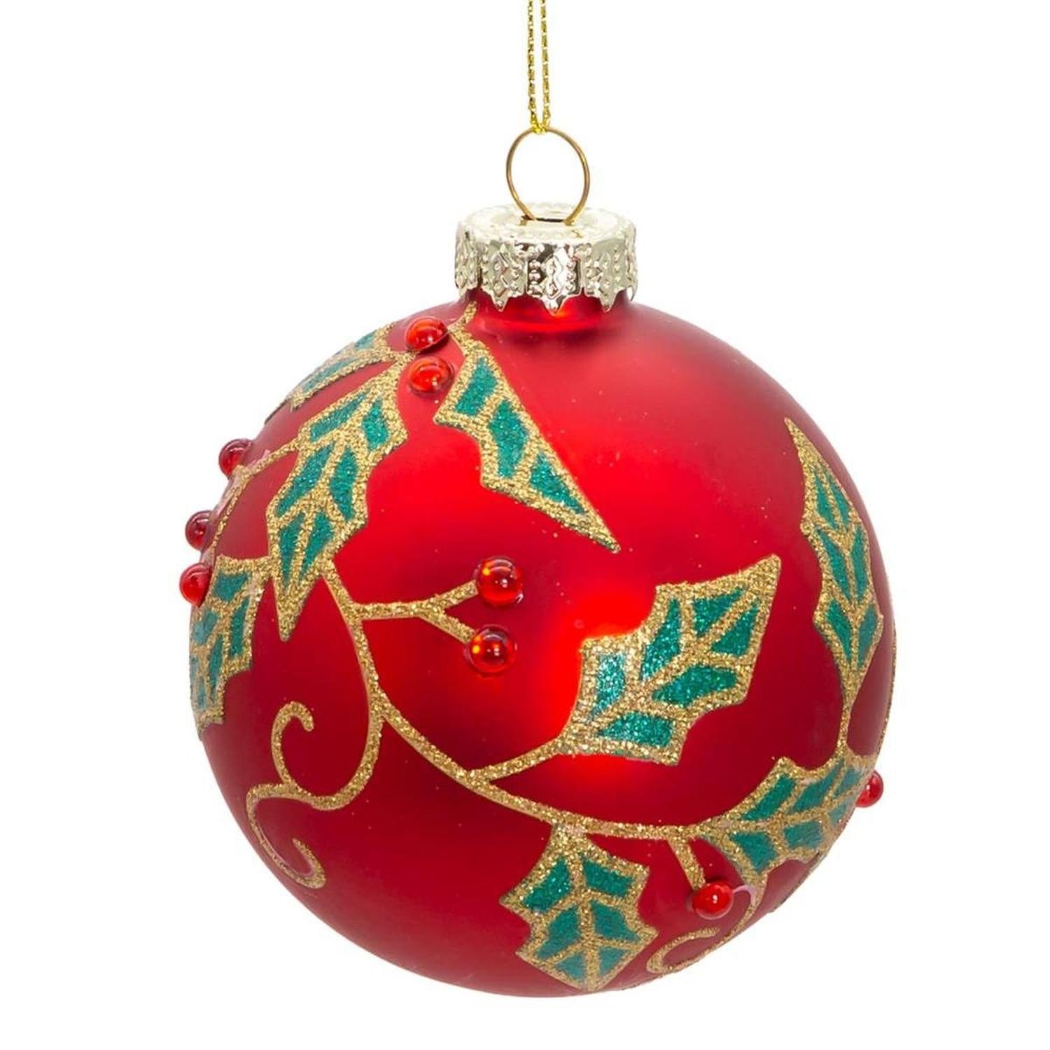 Kurt Adler 80MM Glass Red Berry and Holly Leaves Ornaments (6 Piece)