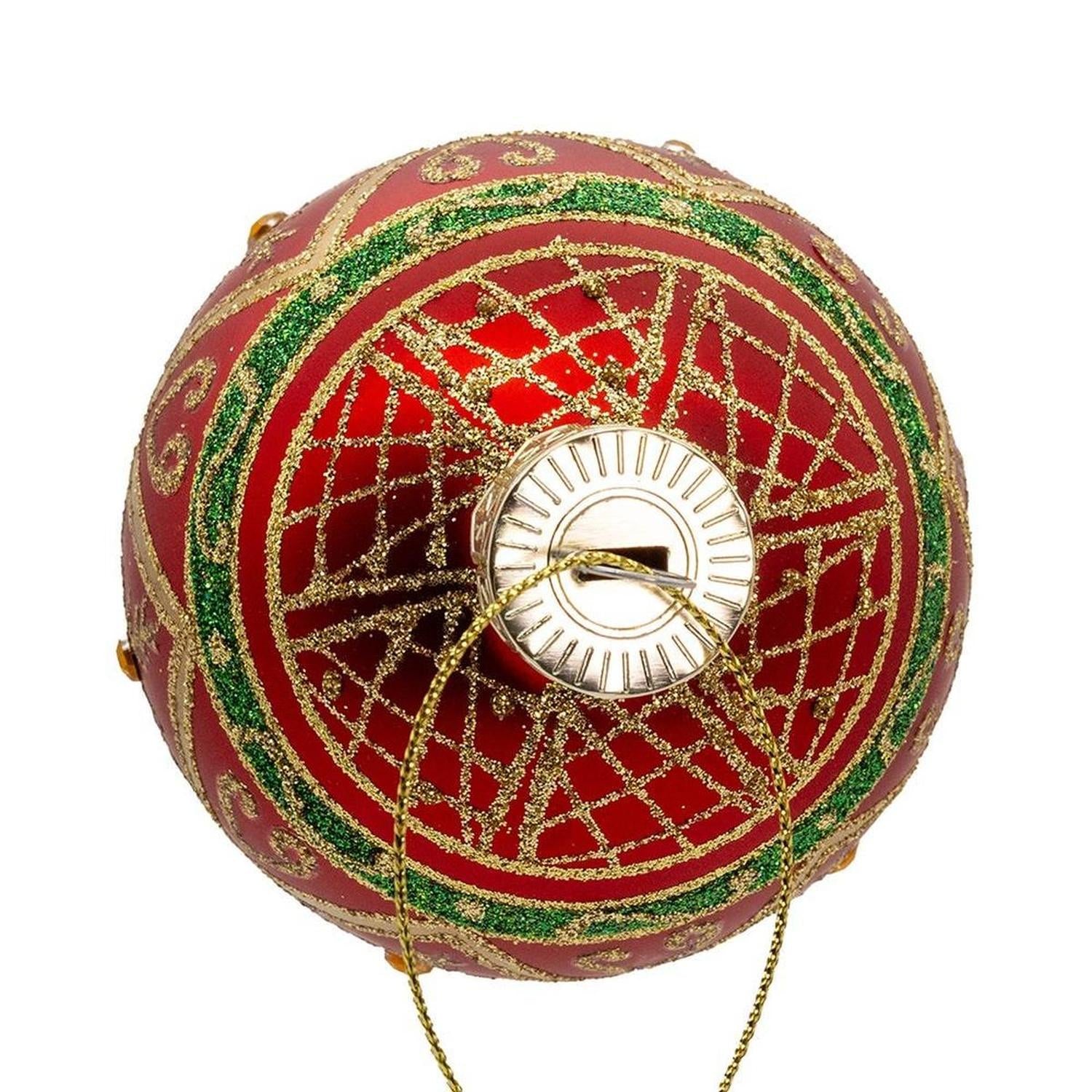 Kurt Adler 80MM Glass Red With Green and Gold Design Ball Ornament Set of 6