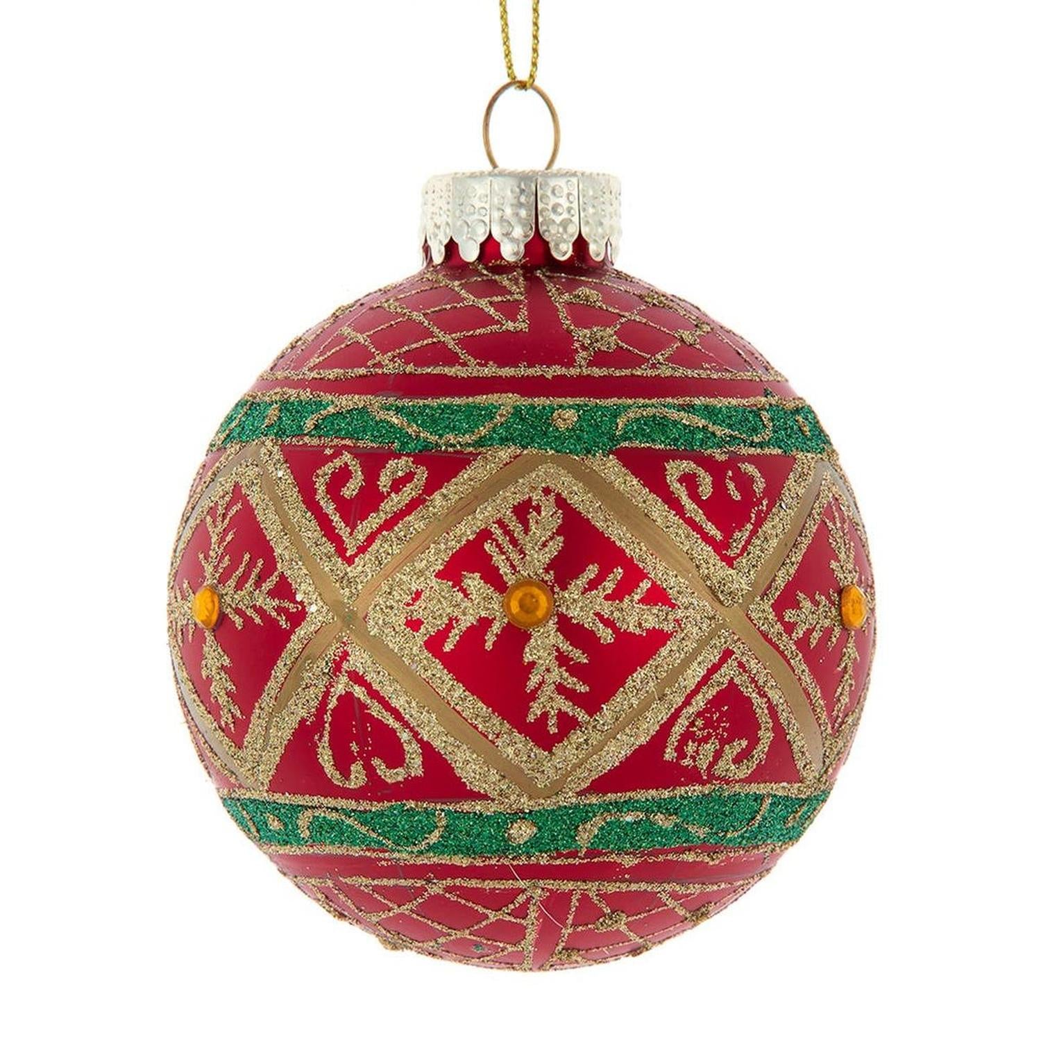 Kurt Adler 80MM Glass Red With Green and Gold Design Ball Ornament Set of 6