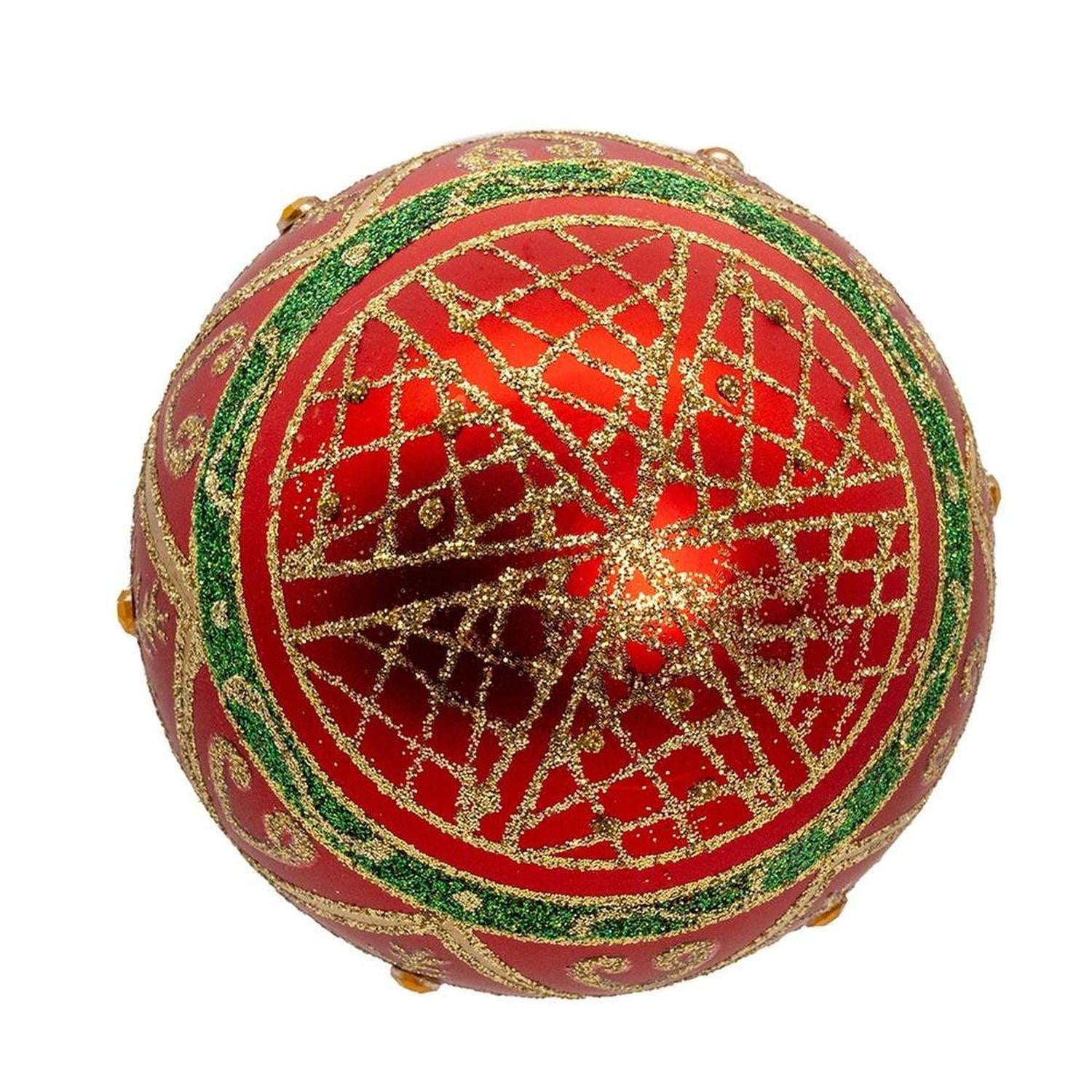 Kurt Adler 80MM Glass Red With Green and Gold Design Ball Ornament Set of 6
