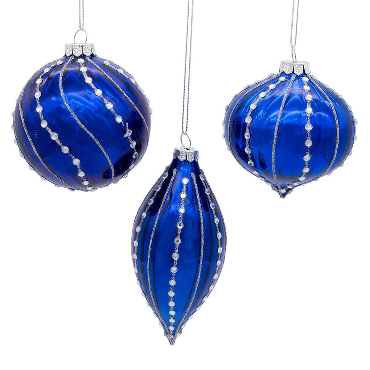 Shop For Kurt Adler 80MM Glass Shiny Blue Gemmed Ornaments, (Set of 3)