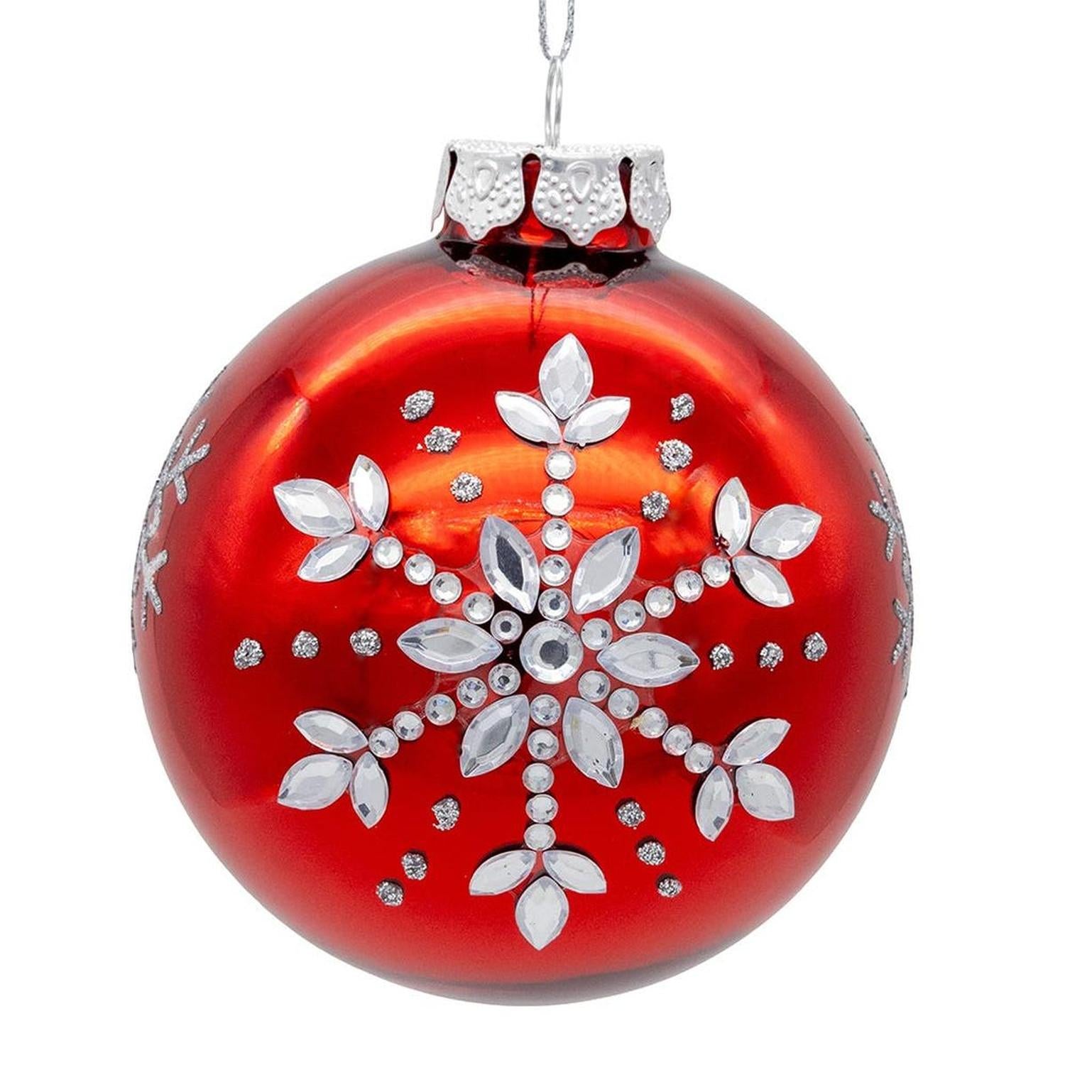 Kurt Adler 80MM Glass Shiny Red With Silver Snowflake Ball (Set of 6)