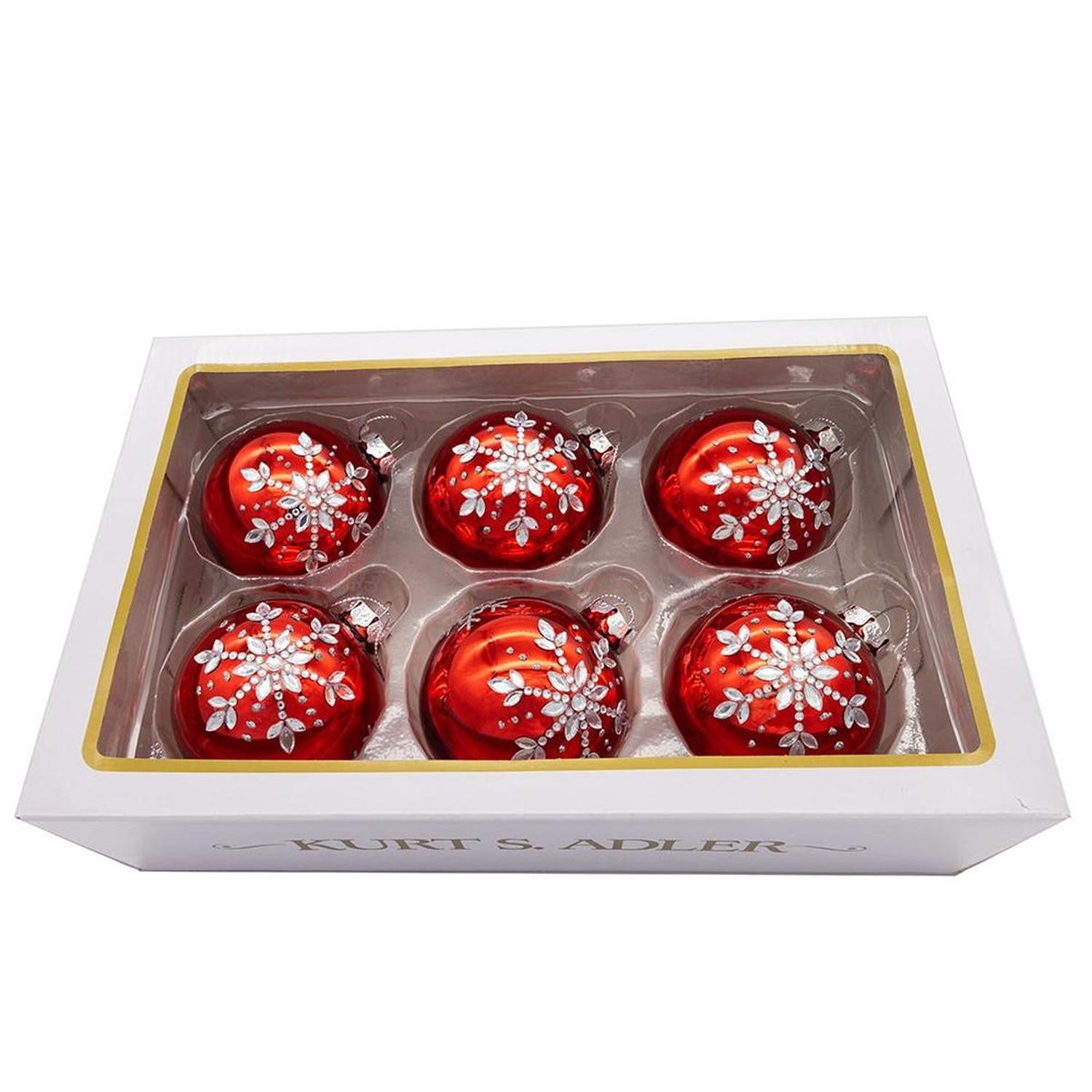 Kurt Adler 80MM Glass Shiny Red With Silver Snowflake Ball (Set of 6)