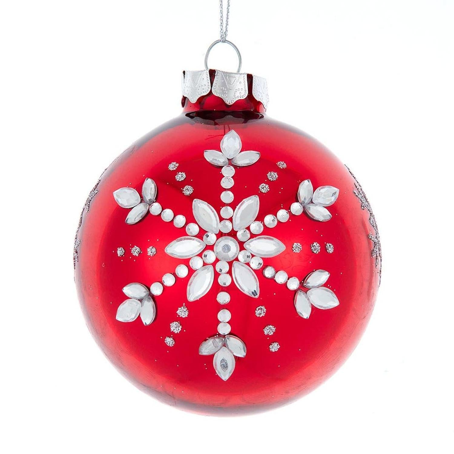 Kurt Adler 80MM Glass Shiny Red With Silver Snowflake Ball (Set of 6)