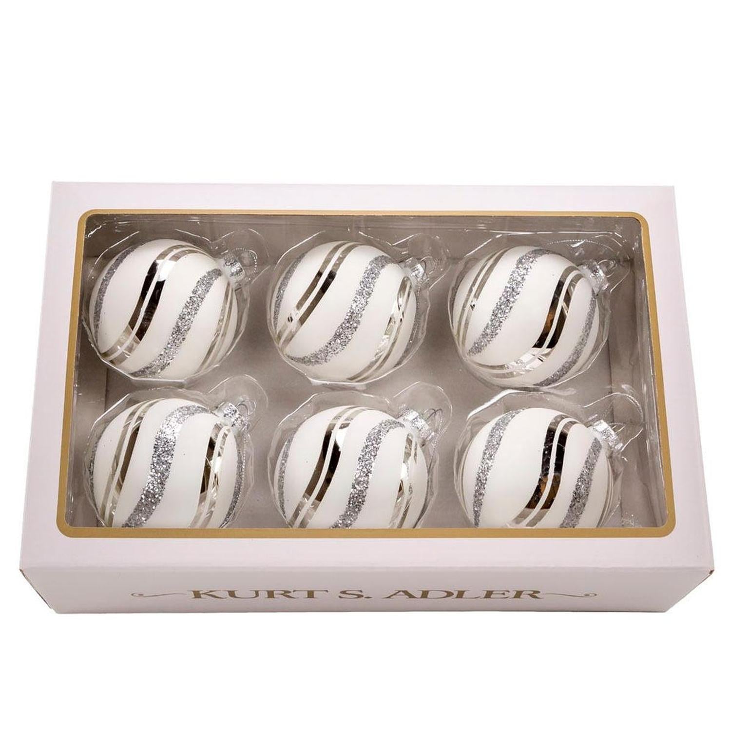 Kurt Adler 80MM Glass White Glittered Swirl Ornament Set, 6 piece