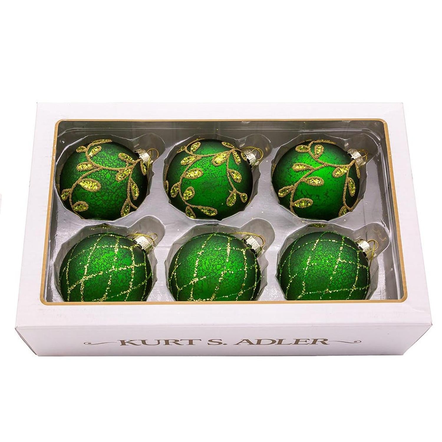 Kurt Adler 80MM Gold and Emerald Green Ornaments, Set of 6