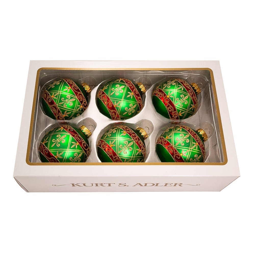 Shop For Kurt Adler 80MM Green Glass Ball Ornament Gold Fleur - De - Lis, Set of 6