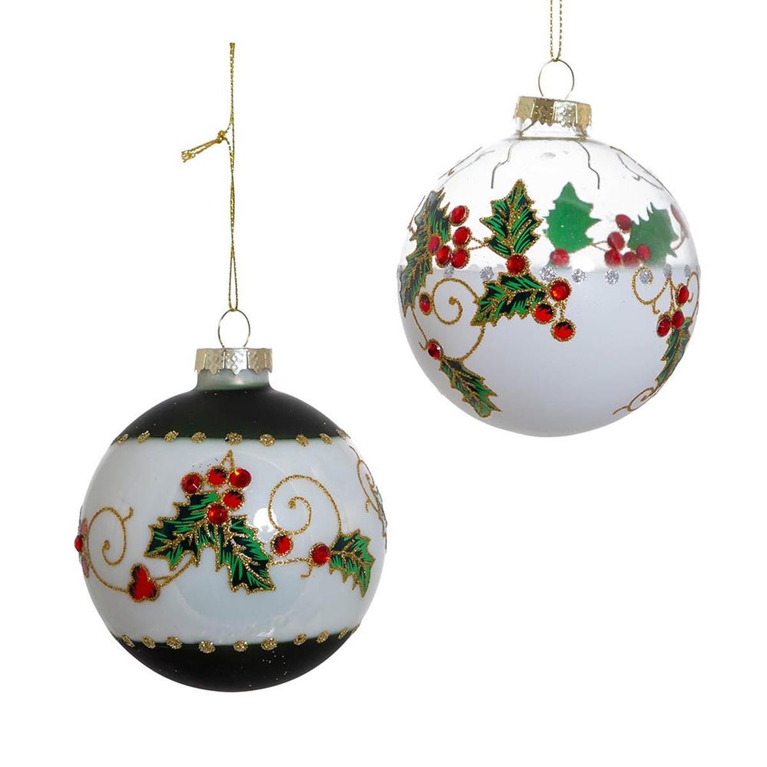 Kurt Adler 80MM Holly Leaves and Berries Glass Ball Ornaments, 6-Piece Set