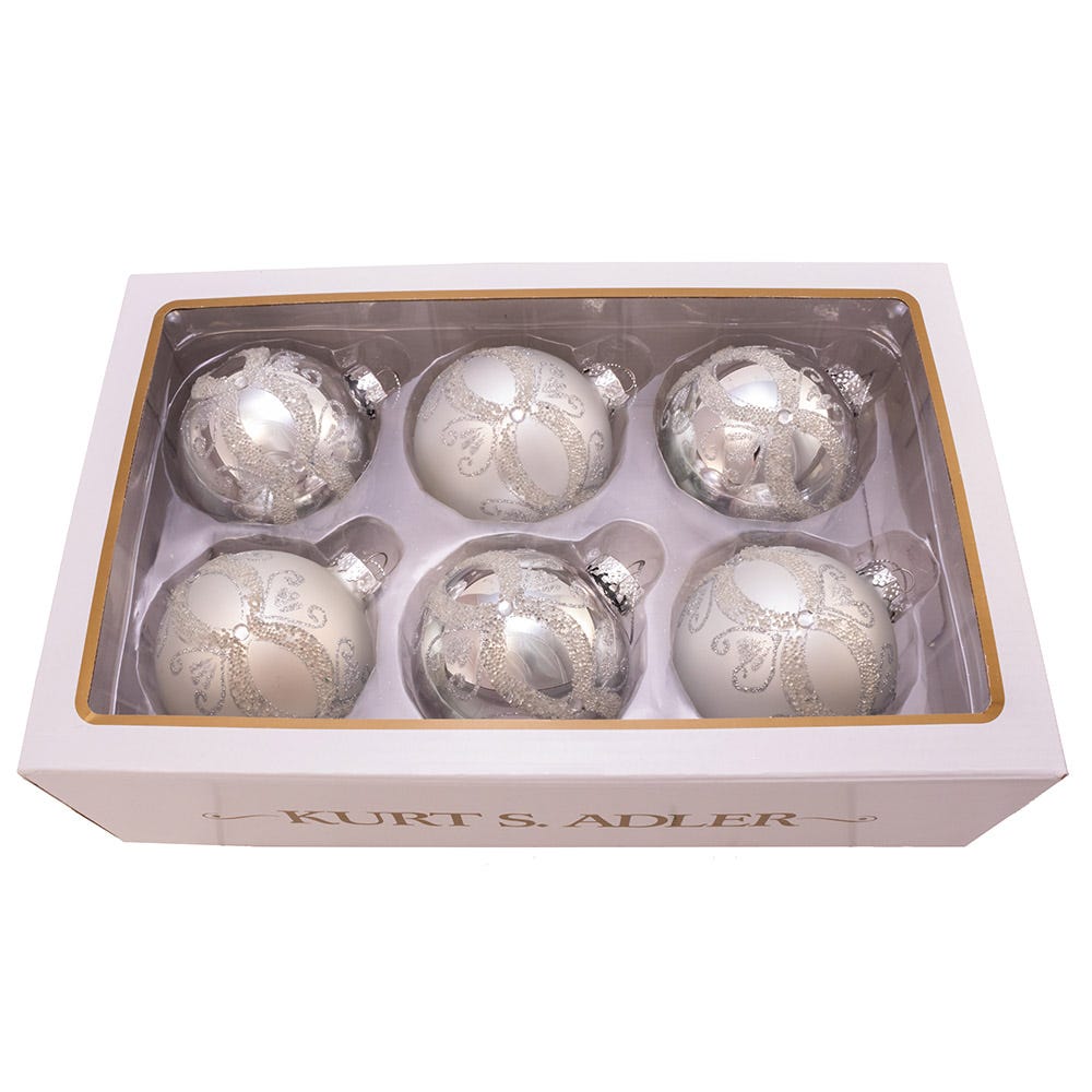 Shop For Kurt Adler 80MM Matte and Shiny Silver with Glitter Glass Ball Ornaments, 6 Piece Box