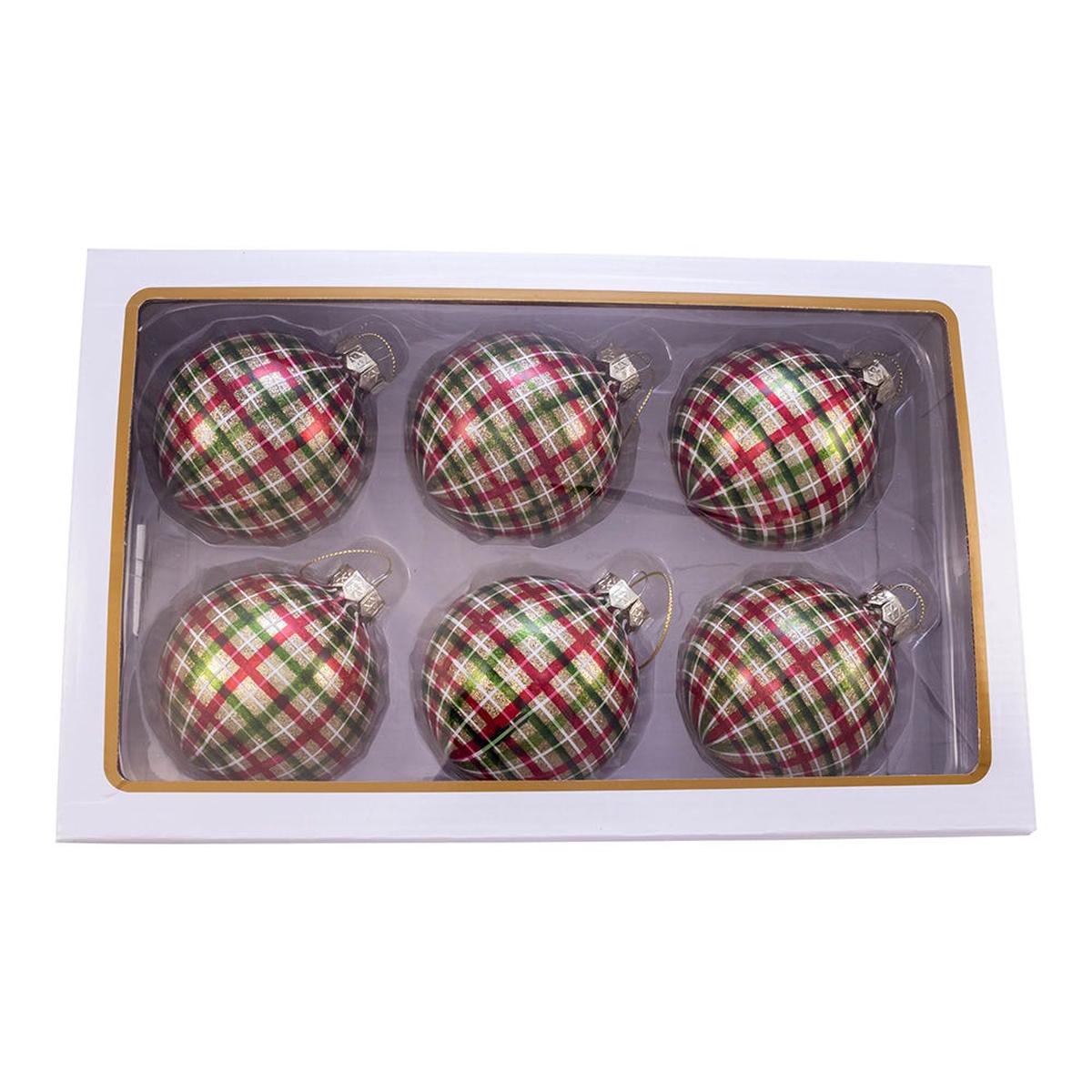 Shop For Kurt Adler 80MM Red and Green Plaid Glass Ball Ornaments, 6 Piece Box