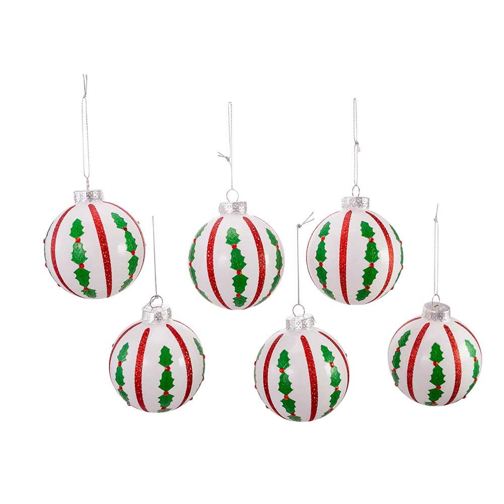Shop For Kurt Adler 80MM Red and White Holly Leaf Glass Ball Ornaments, 6 - Piece Set