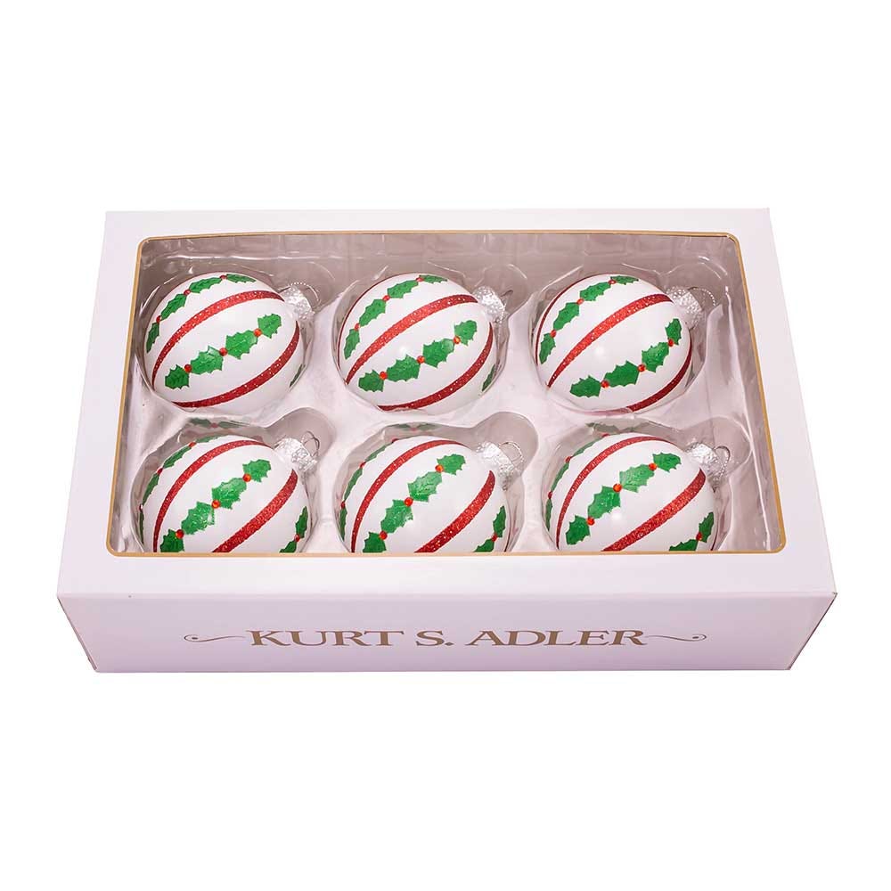 Shop For Kurt Adler 80MM Red and White Holly Leaf Glass Ball Ornaments, 6 - Piece Set