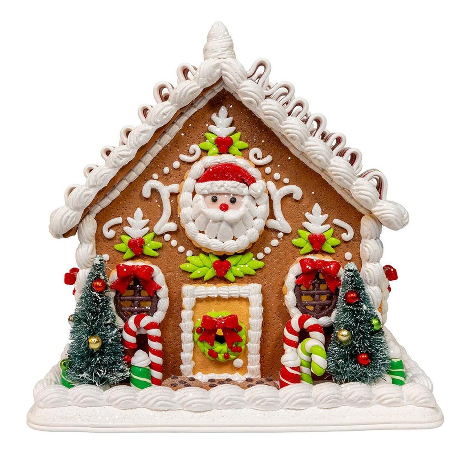 Kurt Adler 9 Inch Gingerbread House With Santa and Ribbon Candy Roof