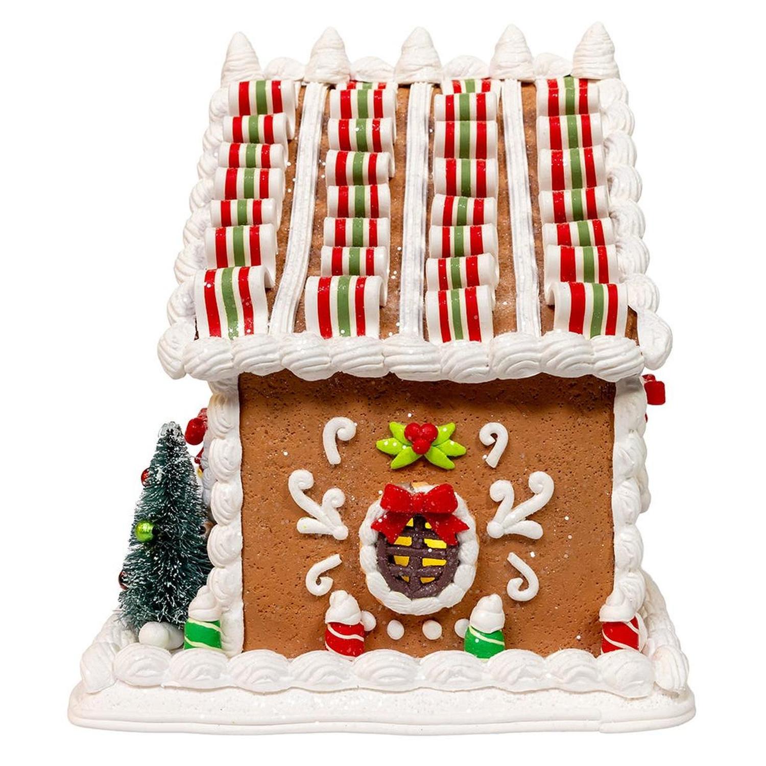 Kurt Adler 9 Inch Gingerbread House With Santa and Ribbon Candy Roof
