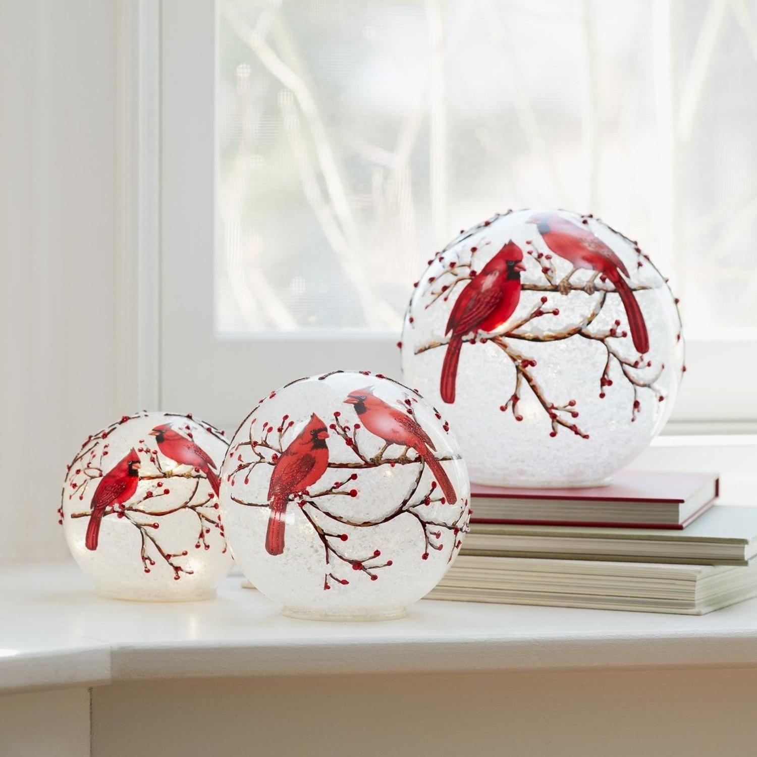 Shop For LED Frosted Cardinal Orb with Berry Branch Design (Set of 3)
