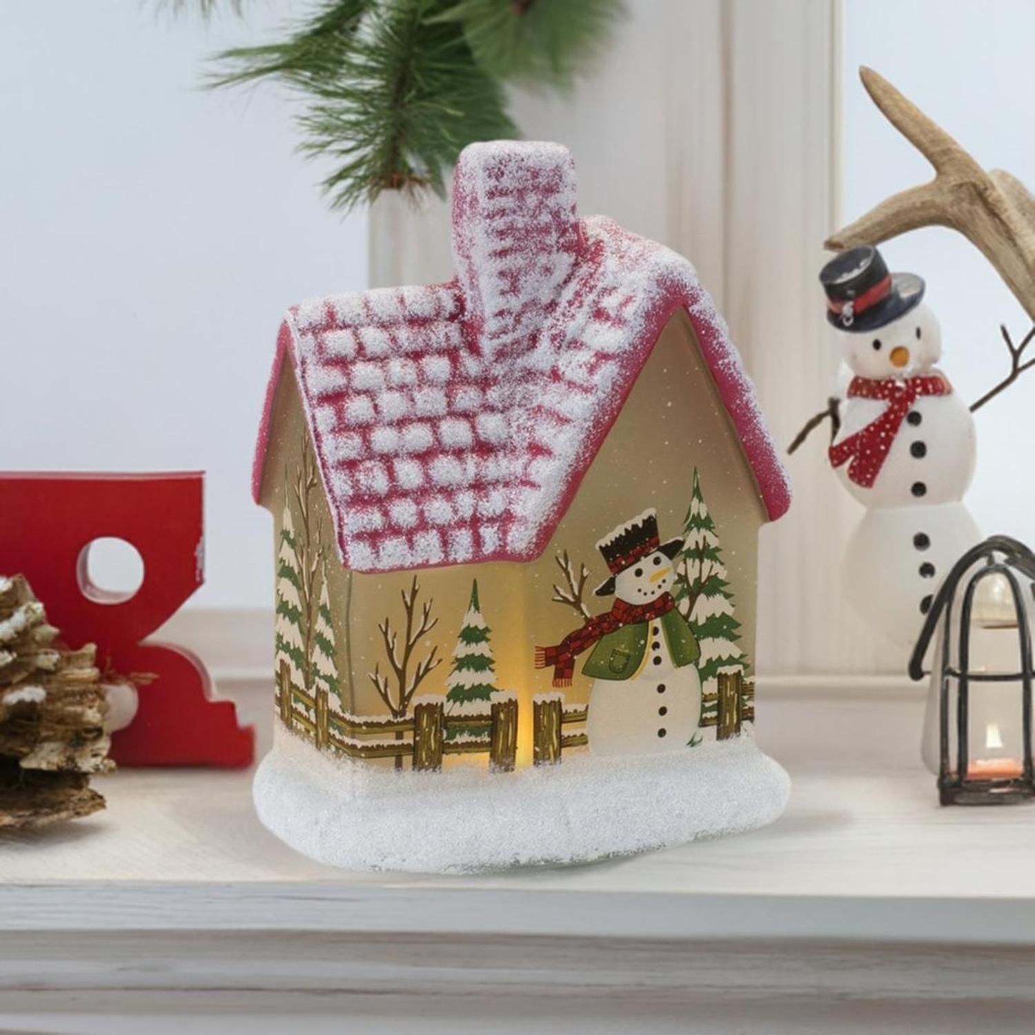 LED Lighted House with Snowman (Set of 2)