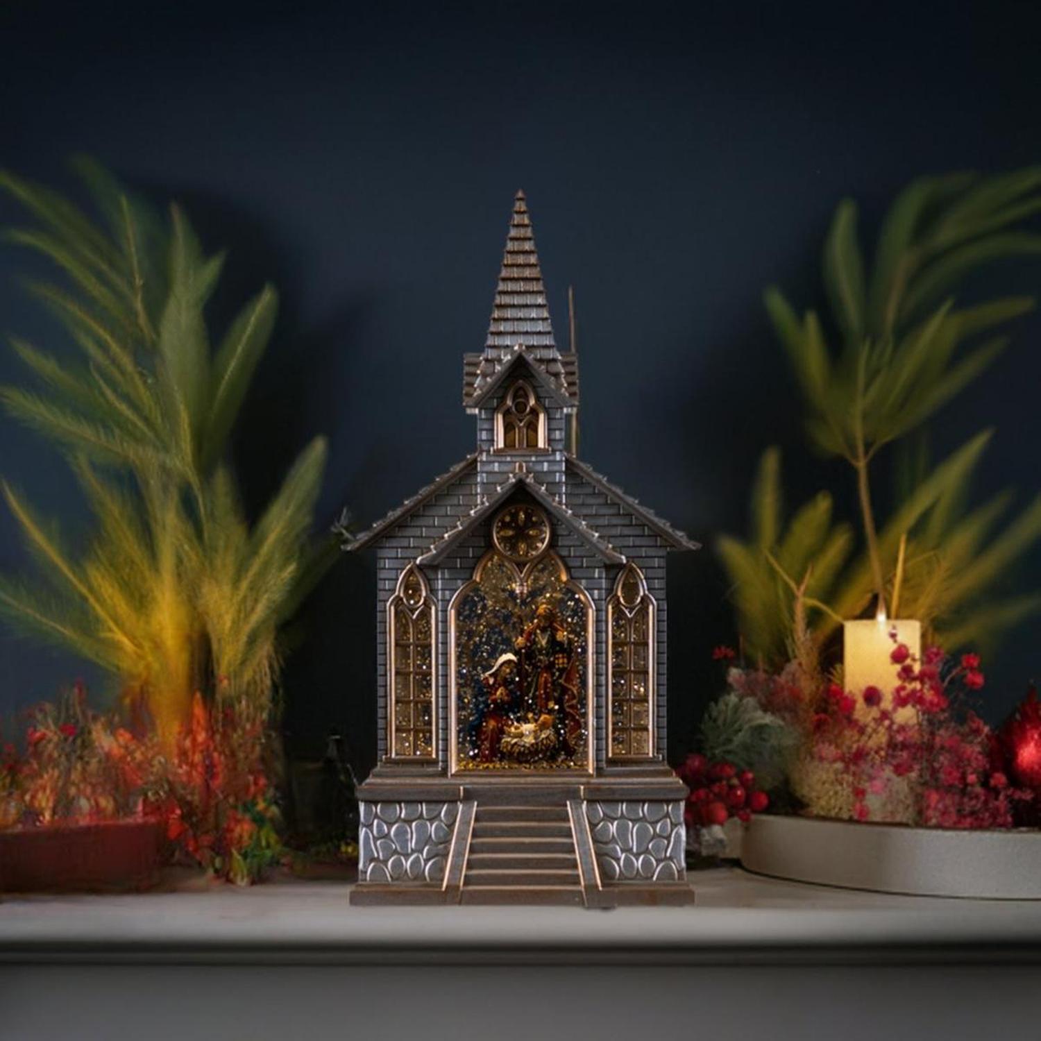 LED Snow Globe Church with Nativity 8.25"H