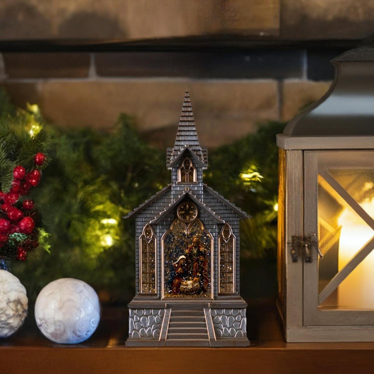 LED Snow Globe Church with Nativity 8.25"H