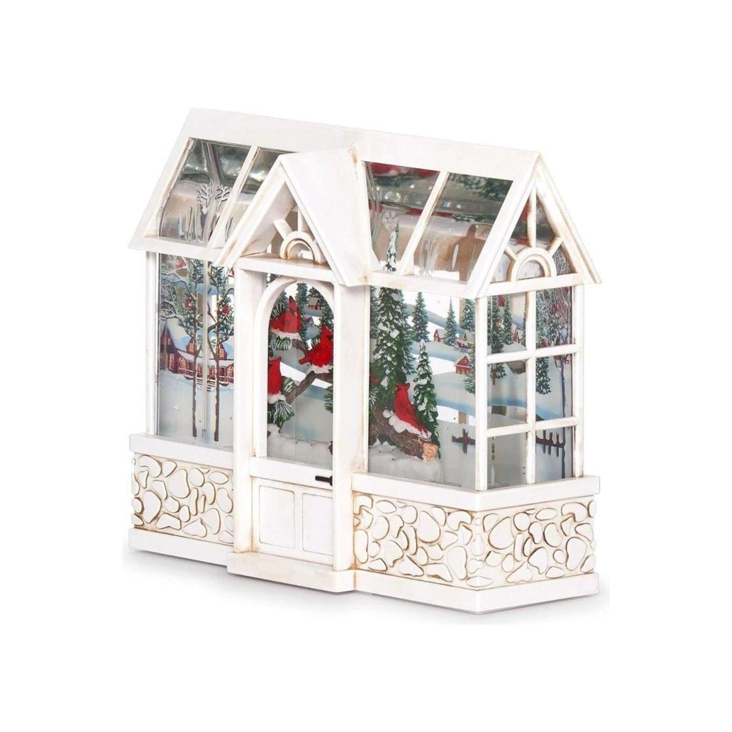 LED Swirl Greenhouse with Cardinals Snow Scene Figurine