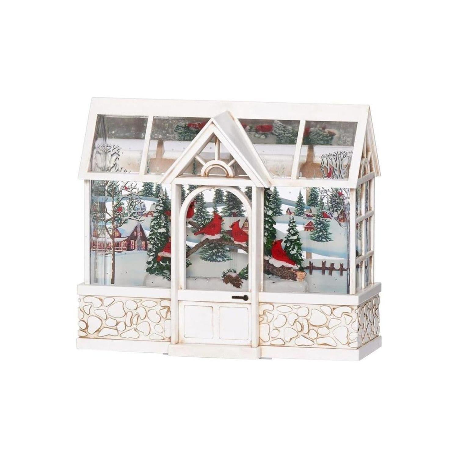 LED Swirl Greenhouse with Cardinals Snow Scene Figurine