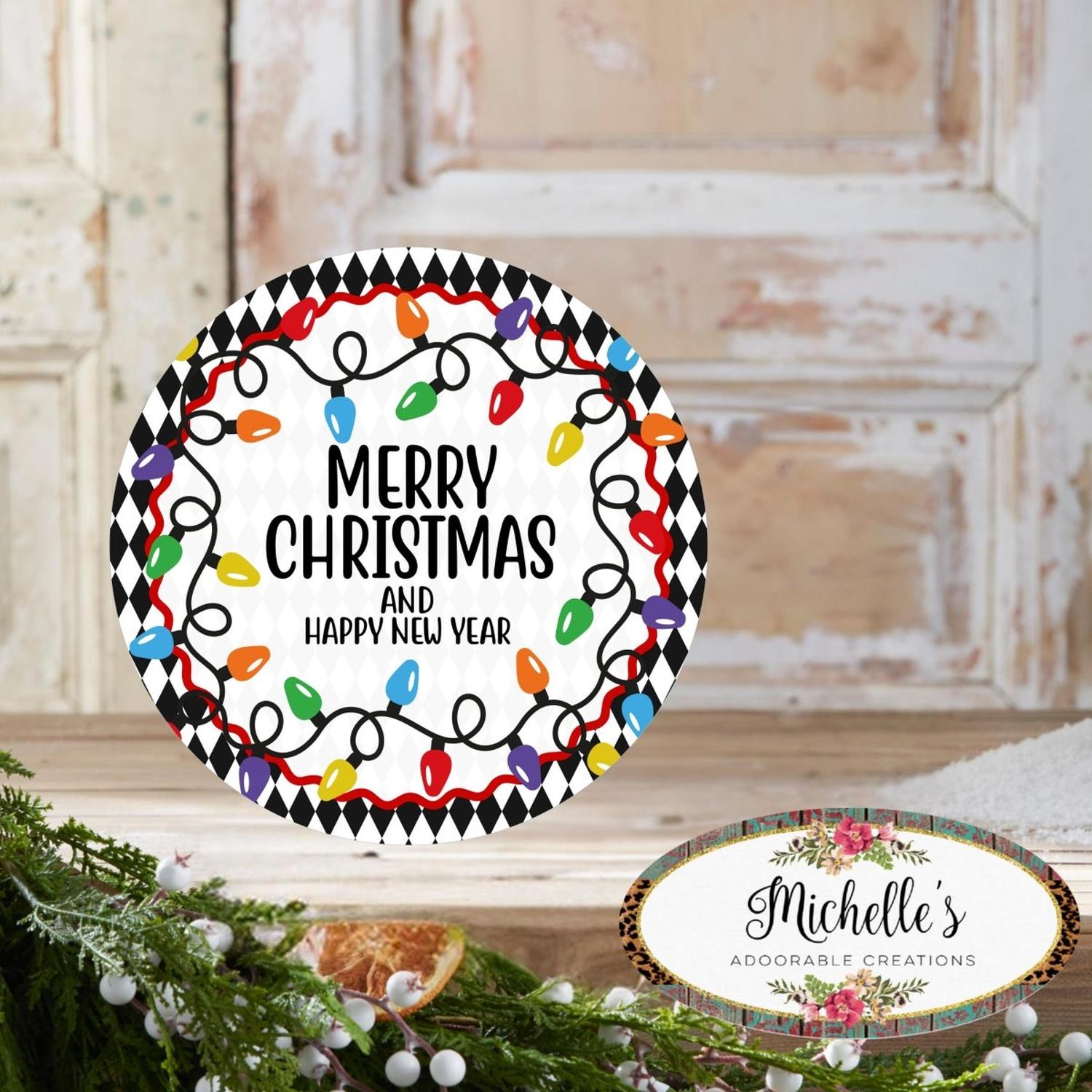 Merry Christmas New Year Lights Round Sign