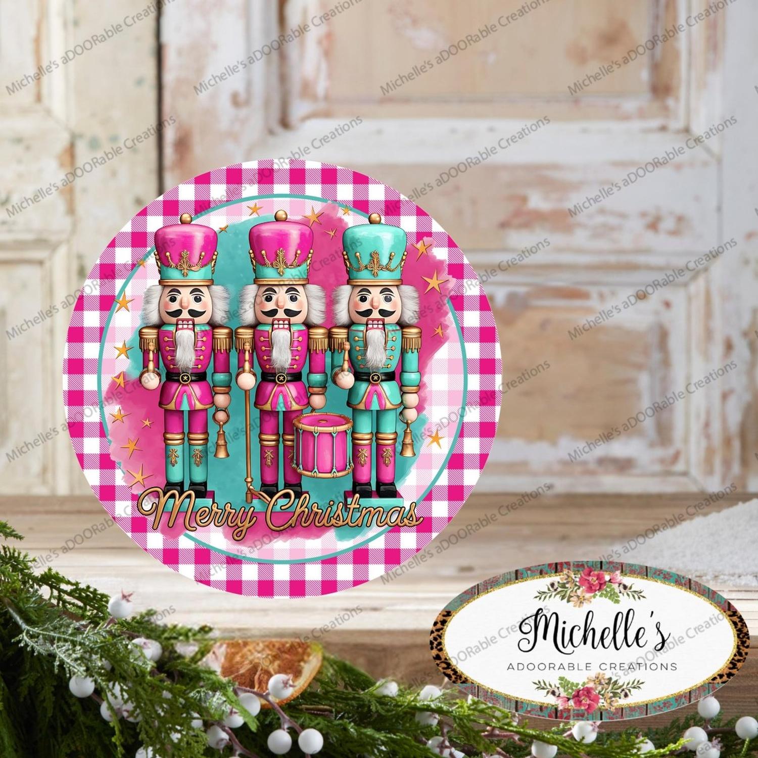 Merry Christmas Pink Teal Nutcracker Round Sign