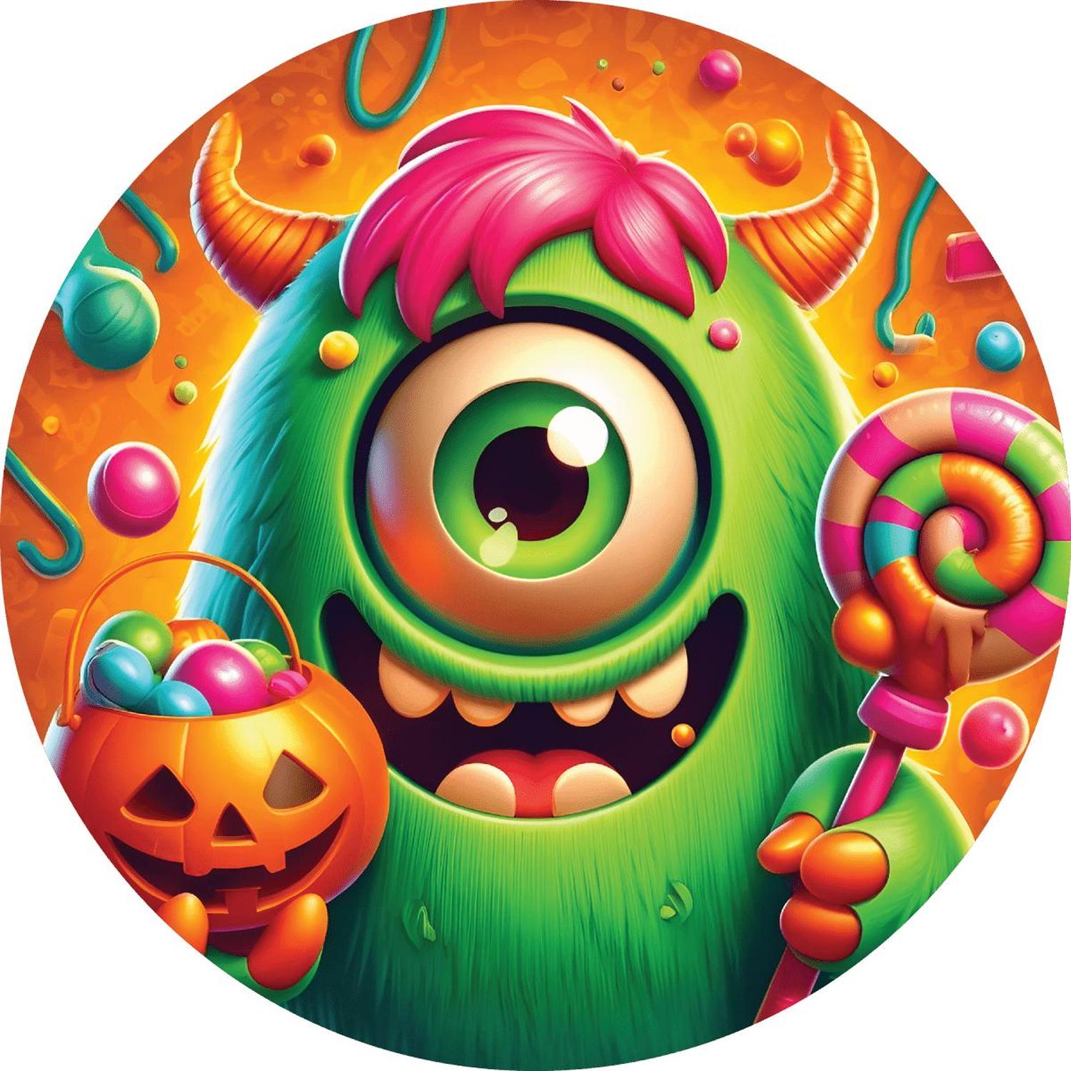 One Eyed Green Candy Halloween Monster Round Sign
