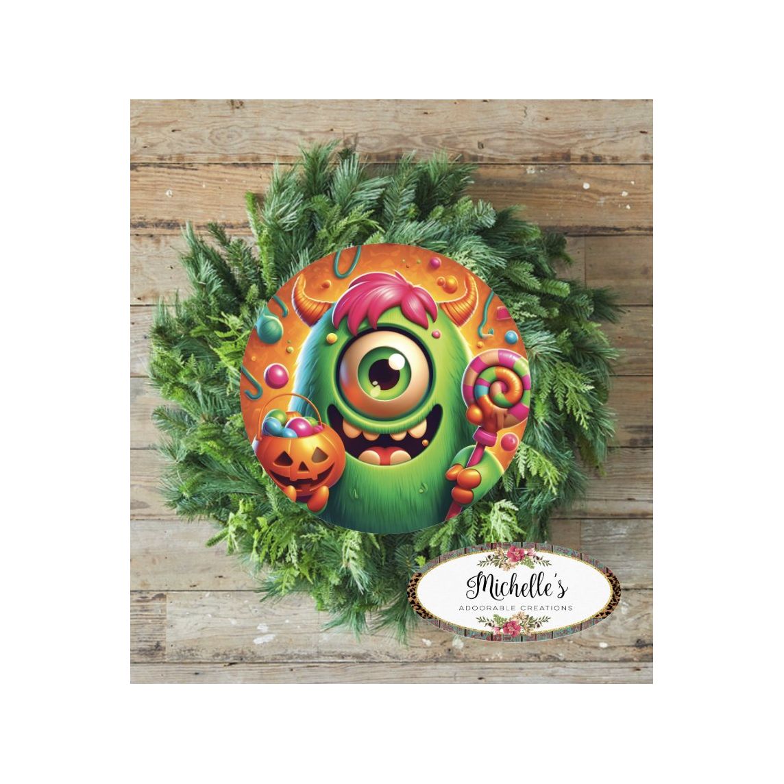 Shop For One Eyed Green Candy Halloween Monster Round Sign at Michelle's aDOORable Creations