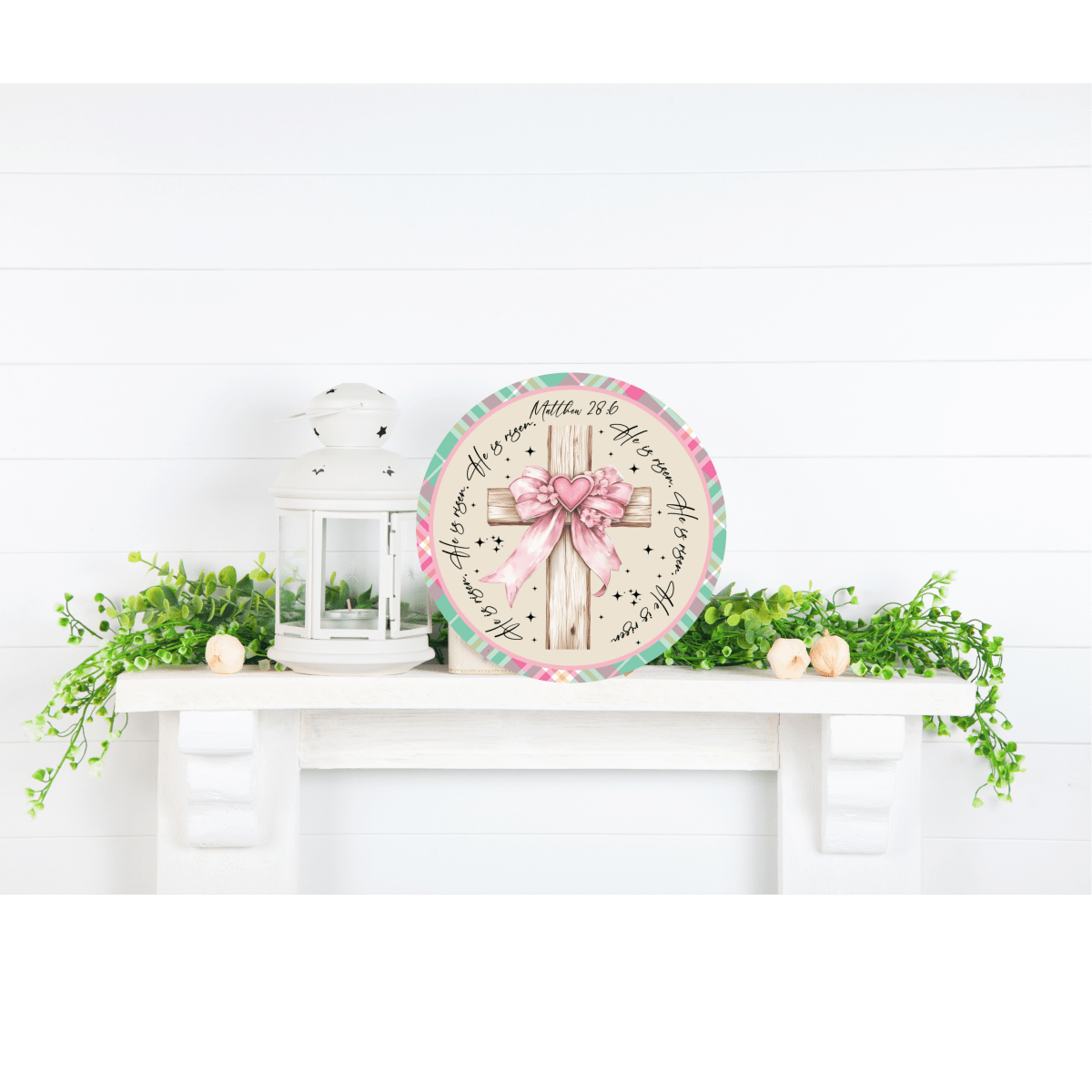 Shop For Pastel Plaid He Is Risen Cross Round Sign