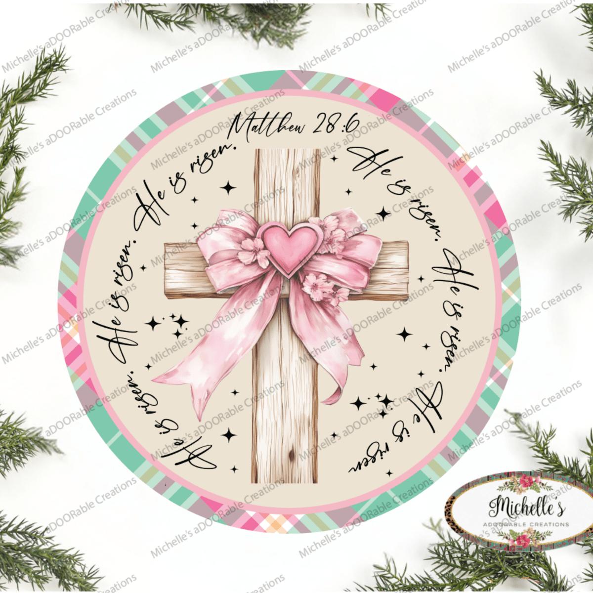 Shop For Pastel Plaid He Is Risen Cross Round Sign