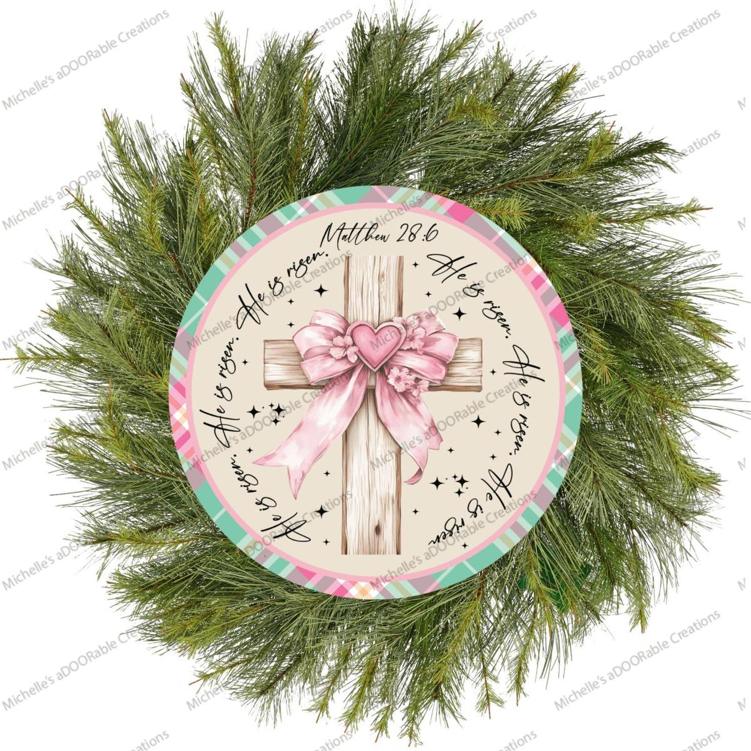 Pastel Plaid He Is Risen Cross Round Sign