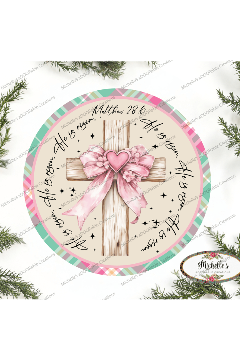 Shop For Pastel Plaid He Is Risen Cross Round Sign