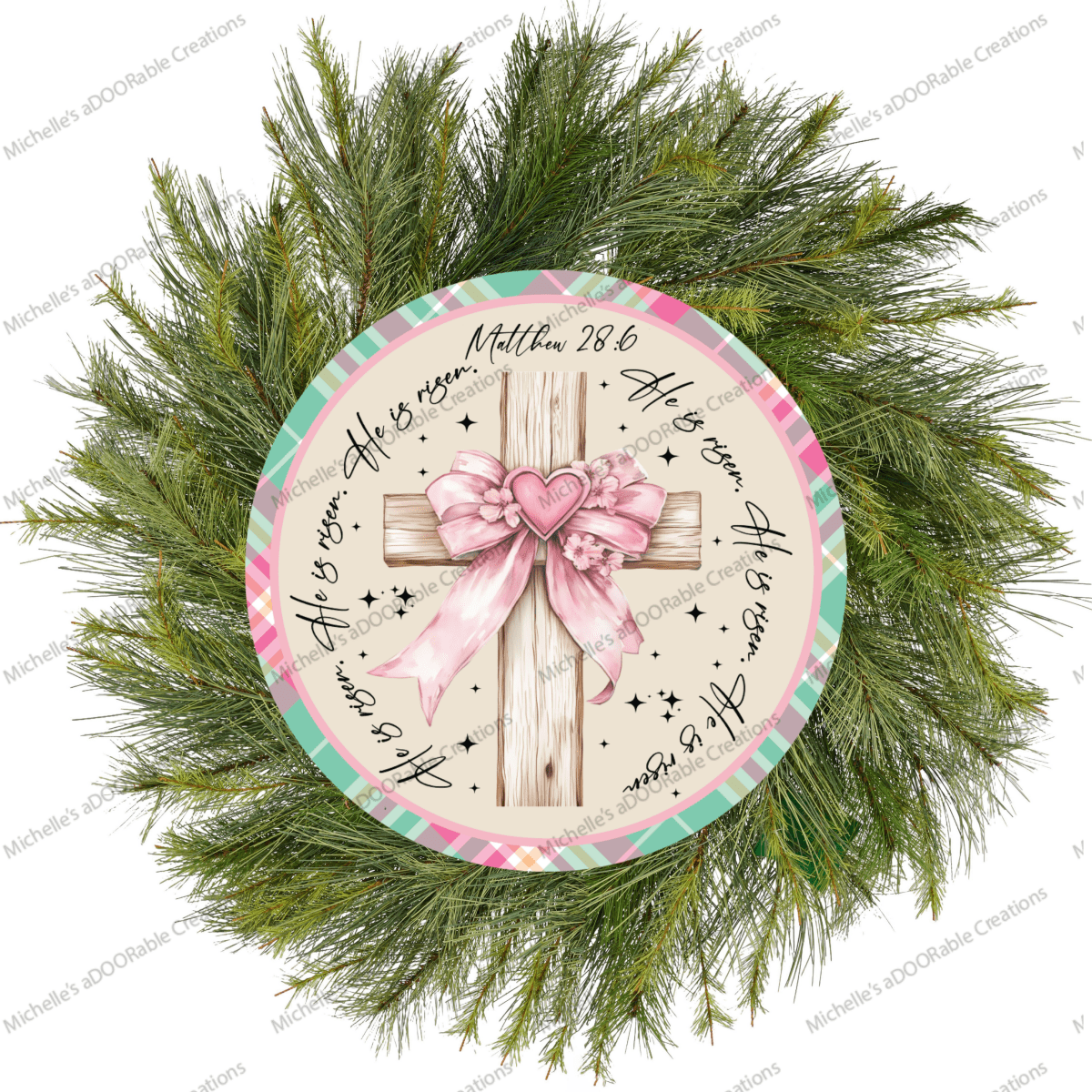 Shop For Pastel Plaid He Is Risen Cross Round Sign