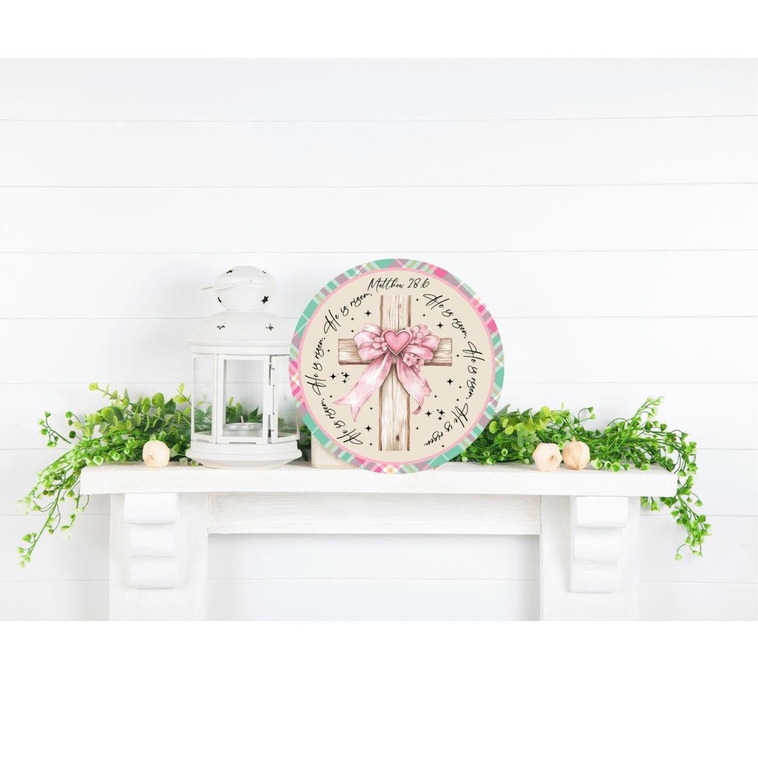 Pastel Plaid He Is Risen Cross Round Sign