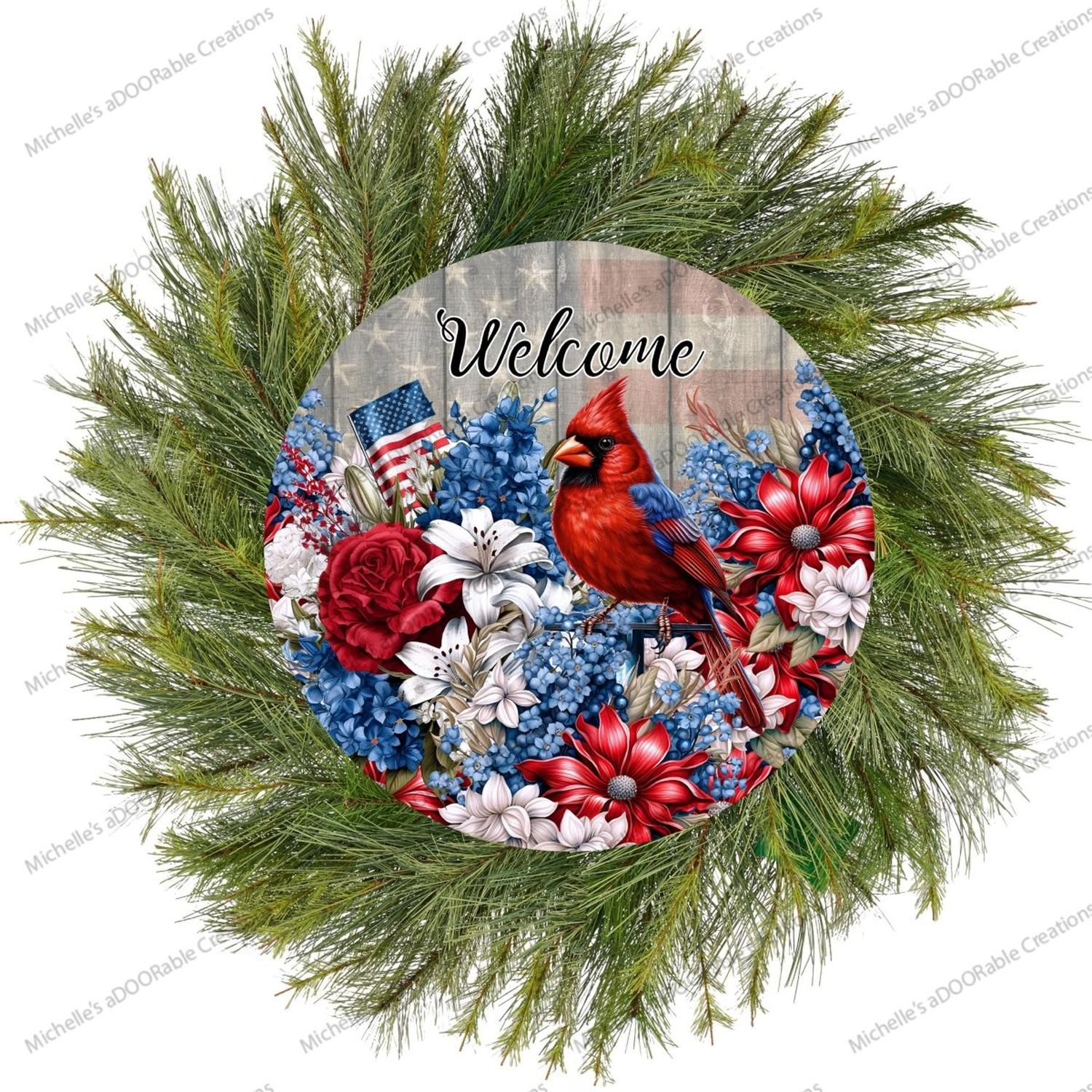 Patriotic Welcome Floral Cardinal Sign