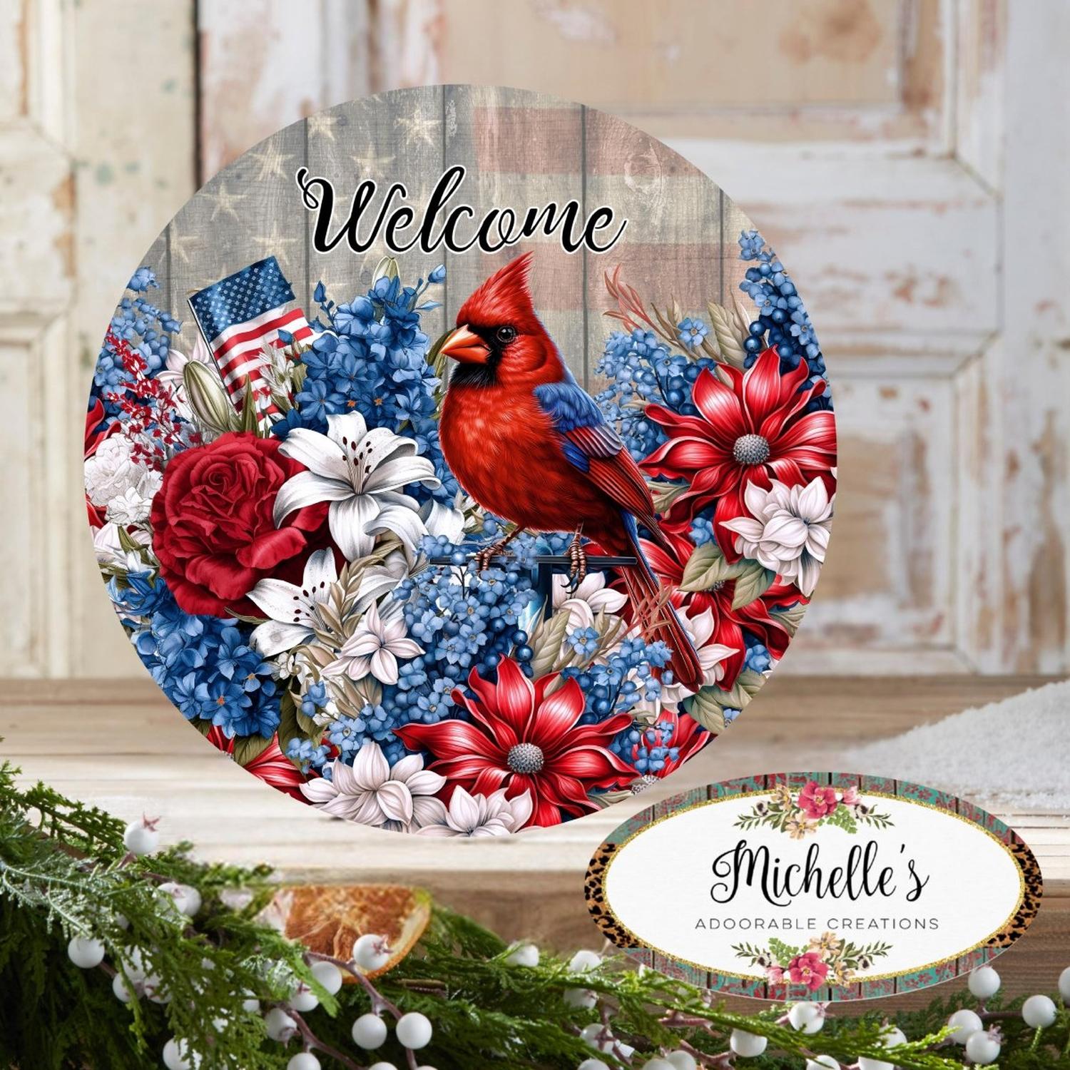 Patriotic Welcome Floral Cardinal Sign