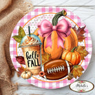Shop For Pink Hello Fall Coffee Football Round Sign