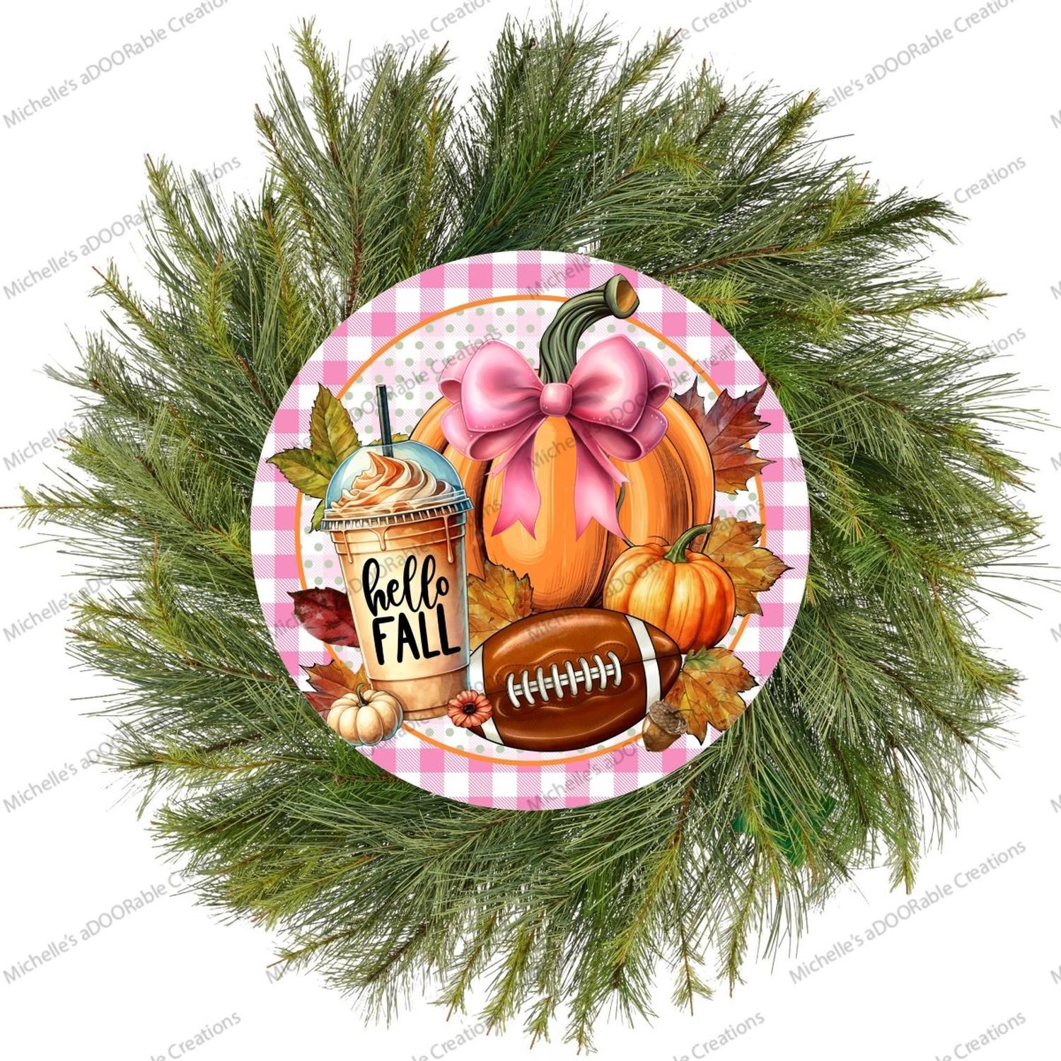 Pink Hello Fall Coffee Football Round Sign