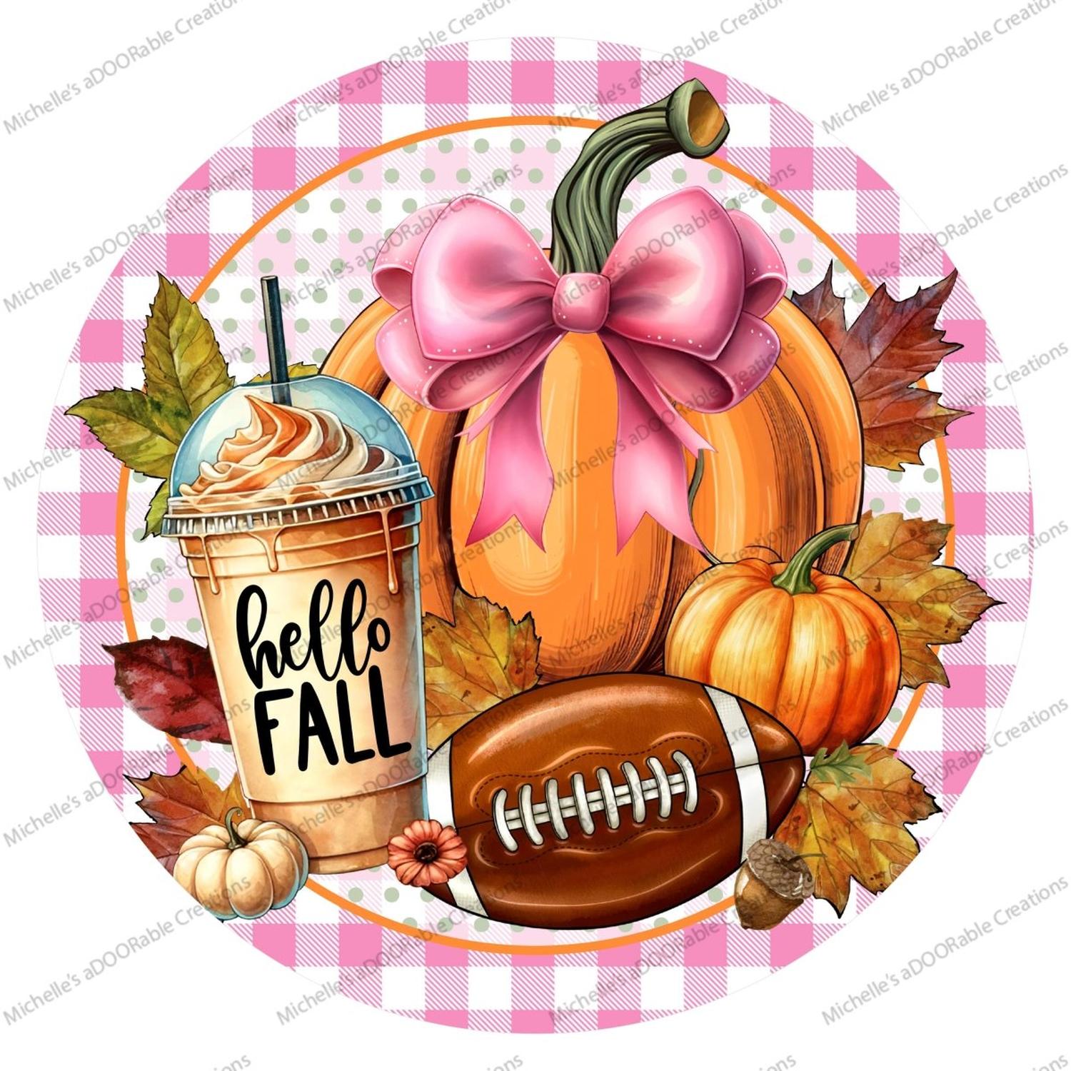Shop For Pink Hello Fall Coffee Football Round Sign