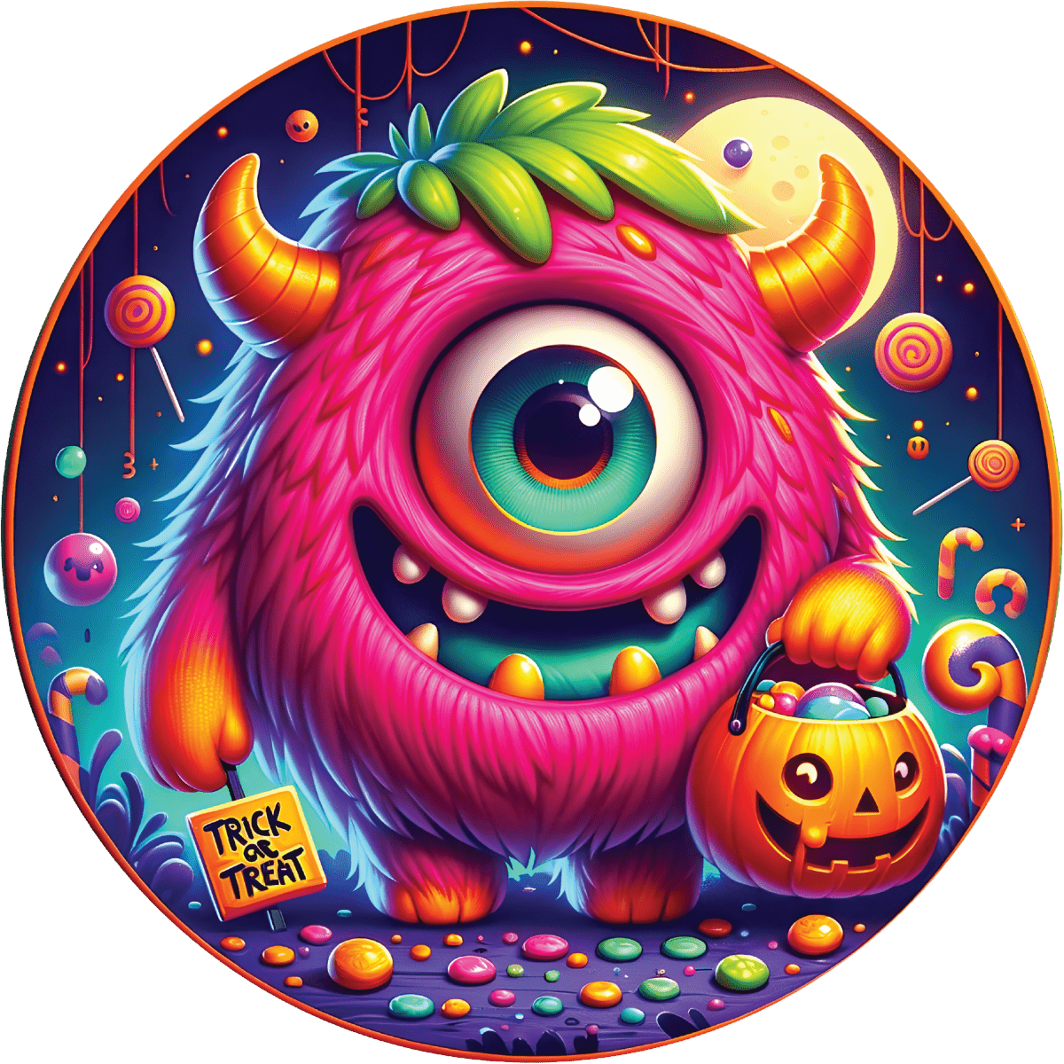 Shop For Pink One Eyed Trick or Treat Monster Round Sign