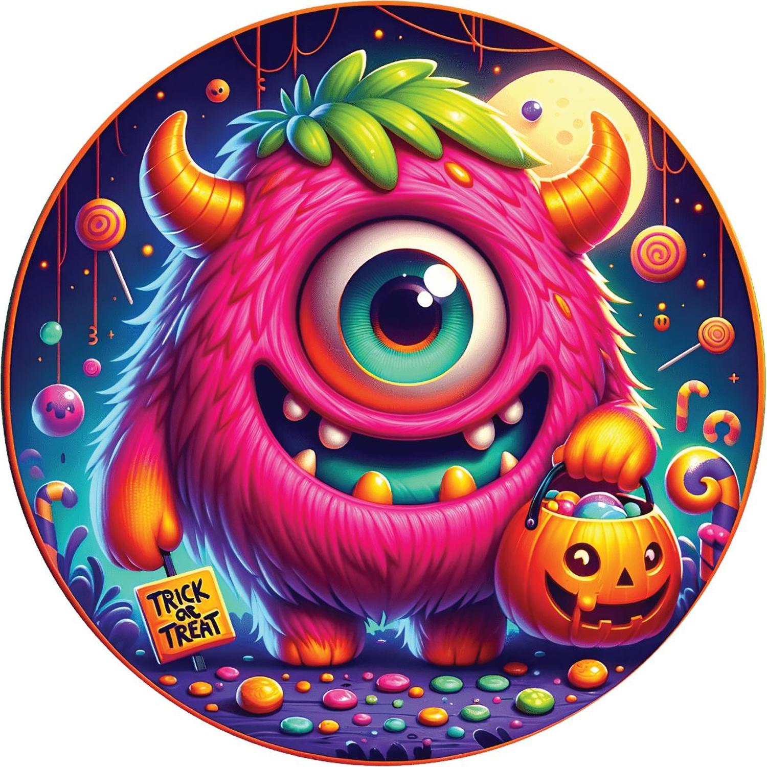 Pink One Eyed Trick or Treat Monster Round Sign