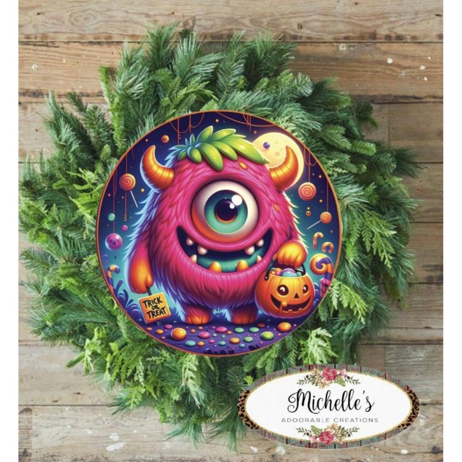 Pink One Eyed Trick or Treat Monster Round Sign