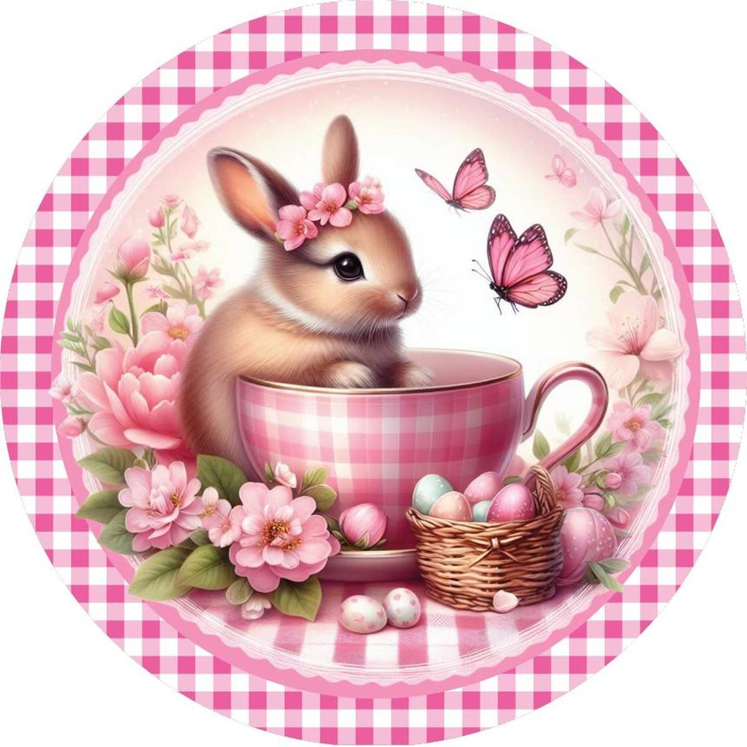 Pink Plaid Check Easter Spring Bunny Teacup Sign