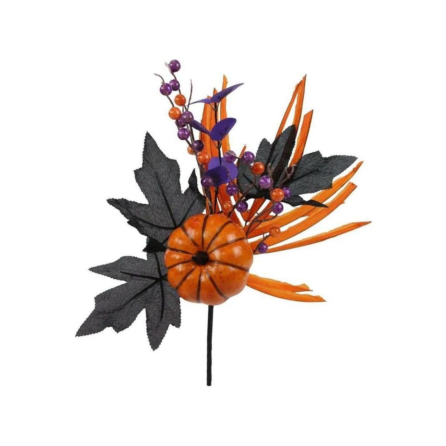 15" Pumpkin, Berries, Leaves and Grass Pick: Purple