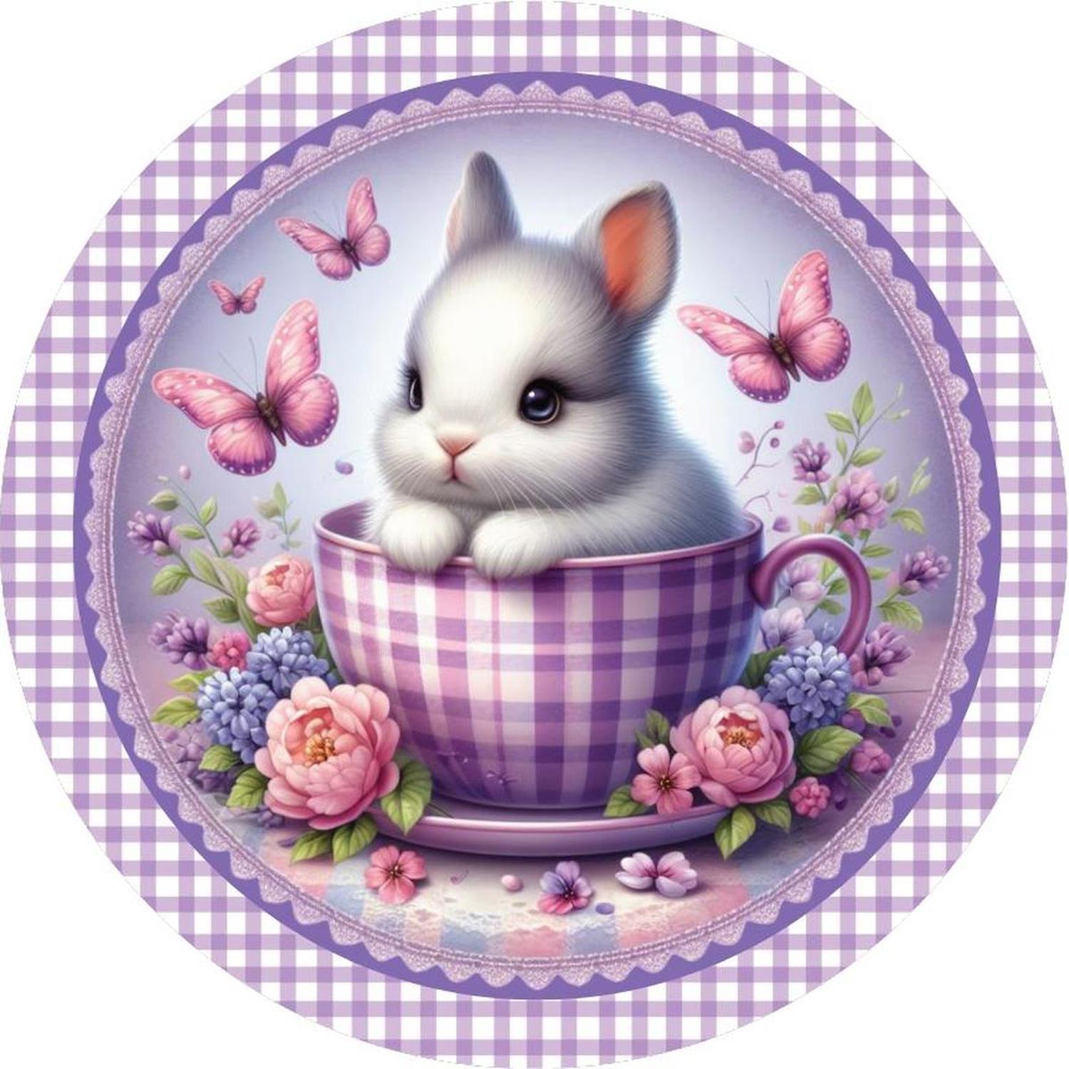 Shop For Purple Plaid Check Easter Spring Bunny Teacup Sign