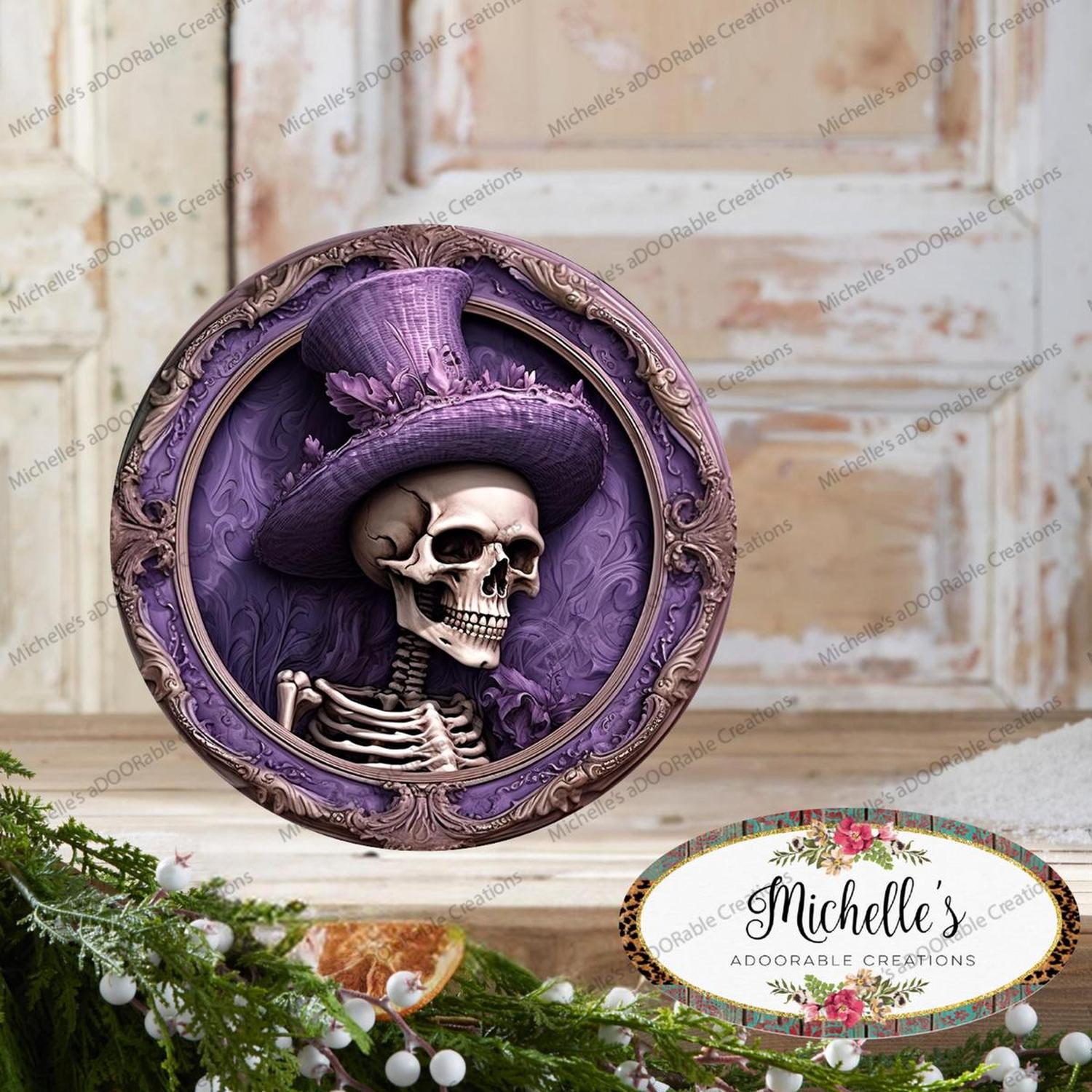 Purple Top Hat Skeleton Portrait Sign
