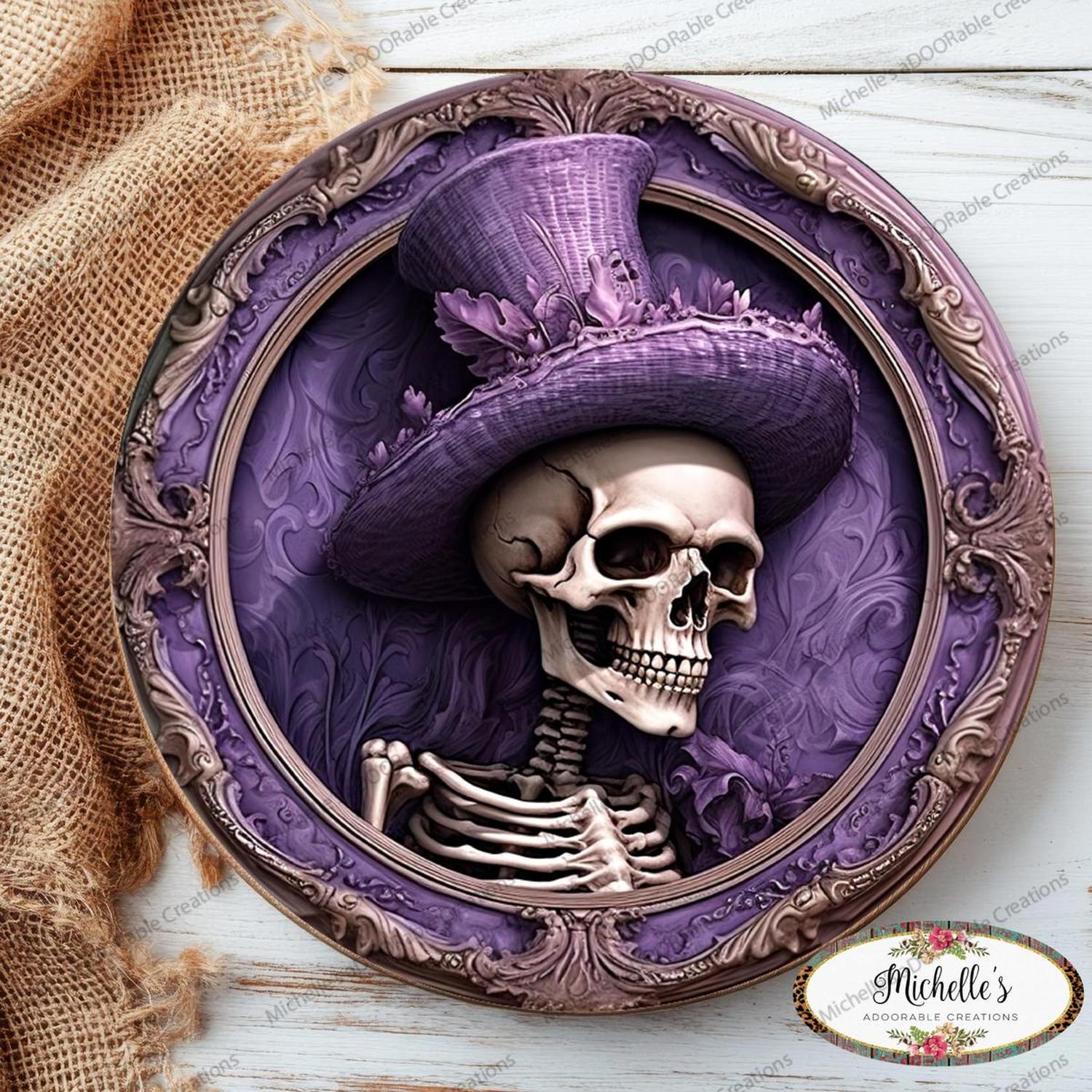 Purple Top Hat Skeleton Portrait Sign
