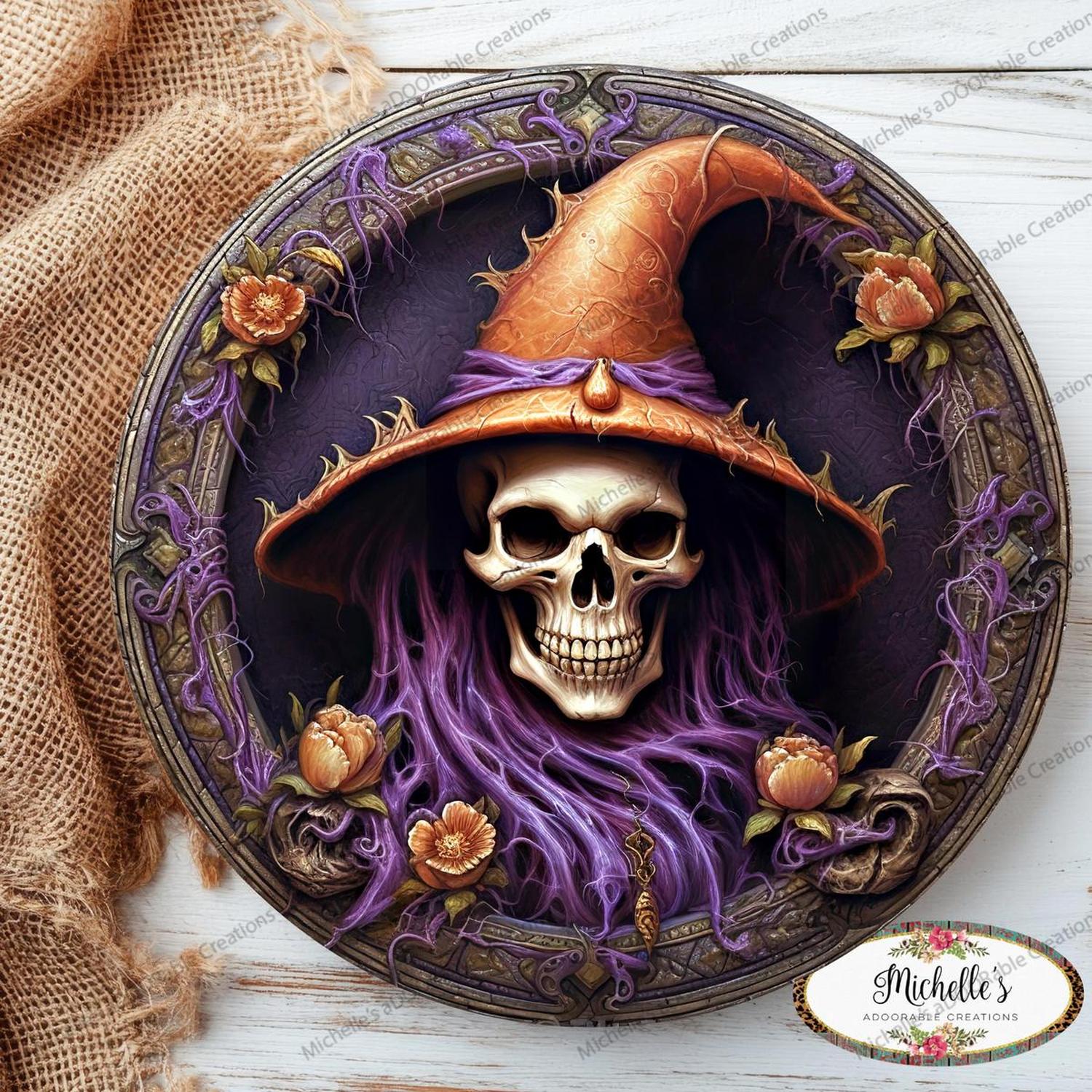Purple Witch Portrait Skeleton Sign